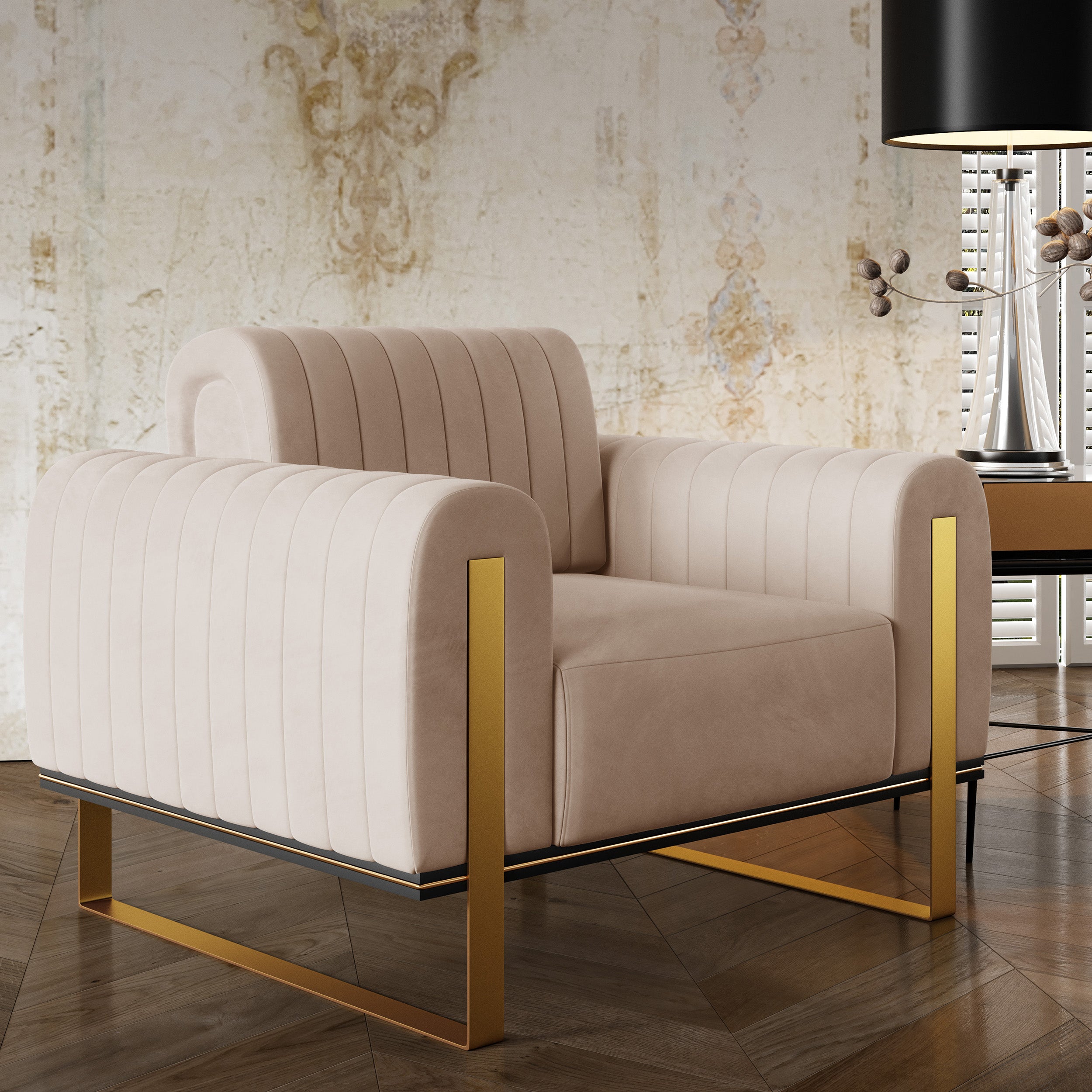 selsey-parissa-schalensessel-beige-samt-mit-goldenen-beinen image 2