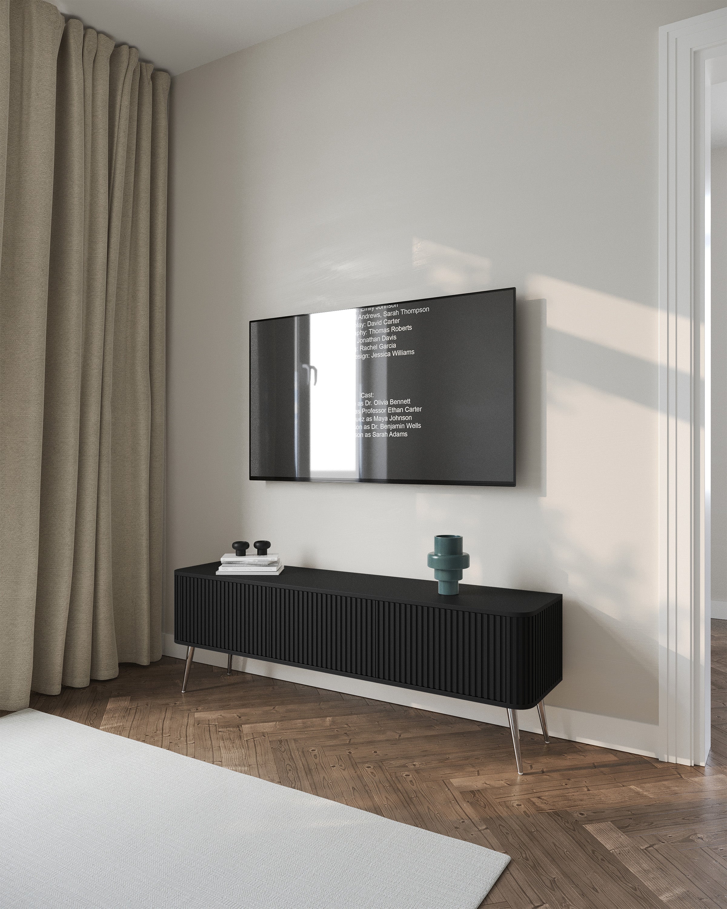 selsey-ovarlo-tv-schrank-163-cm-dreit-rig-mit-rillen-schwarz-mit-silbernen-beine image 3
