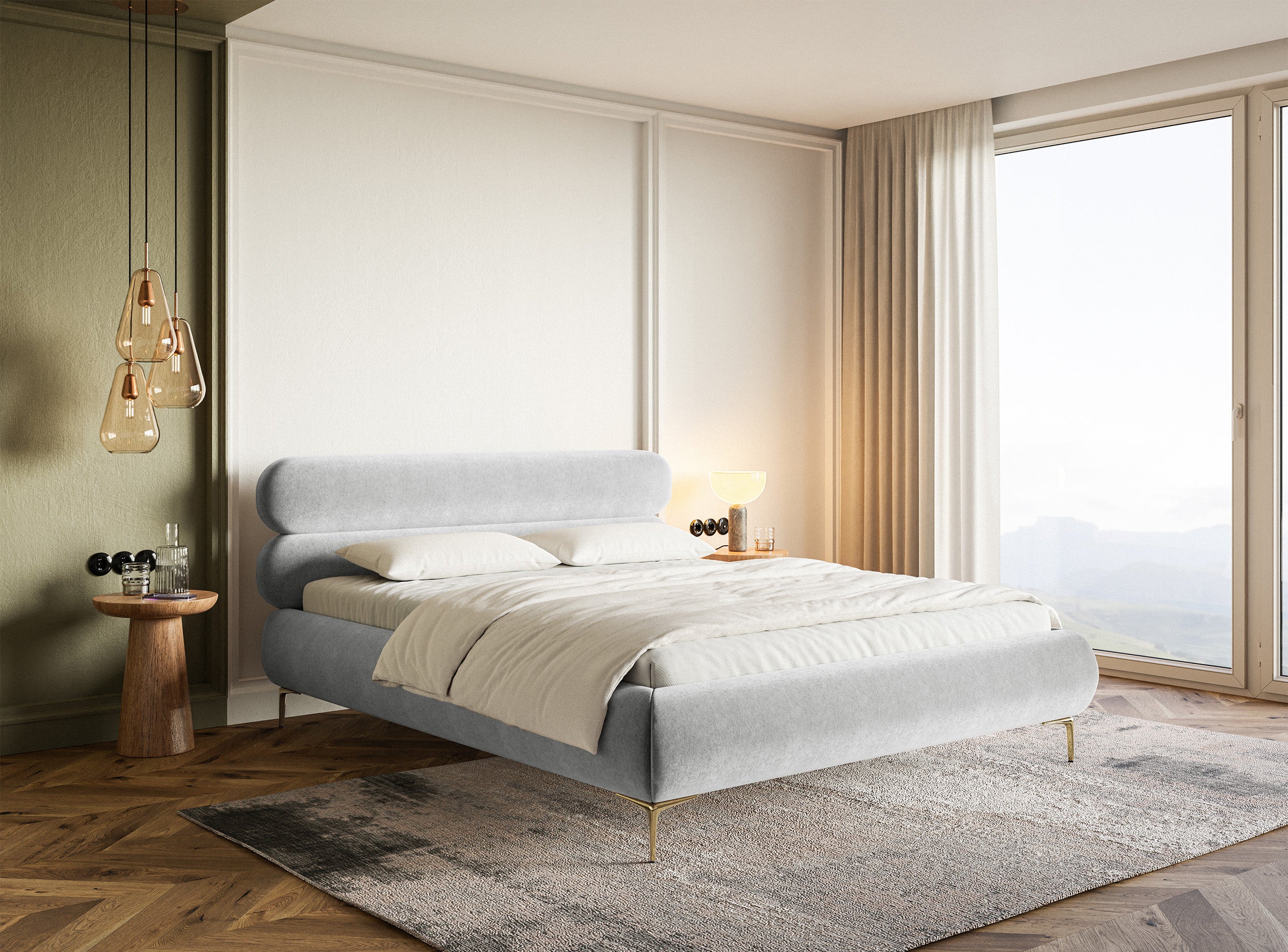 selsey-roule-gepolstertes-bett-160x200-cm-mit-stauraum-hellgrauer-samt-goldene-b image 3