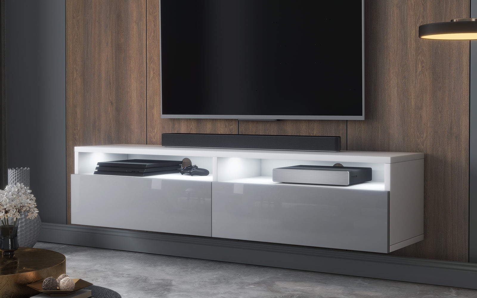 selsey-rednaw-tv-schrank-140-cm-mit-2-schubladen-und-beleuchtung-wei-matt-grau-g image 2
