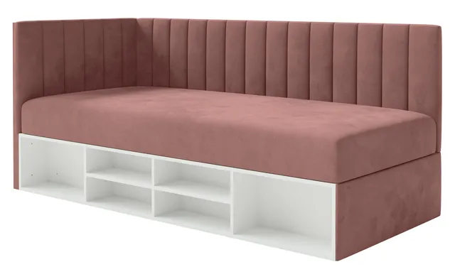 selsey-ventrio-jugendbett-90x200-cm-links-mit-stauraum-und-regalen-rosa-velours- image 1