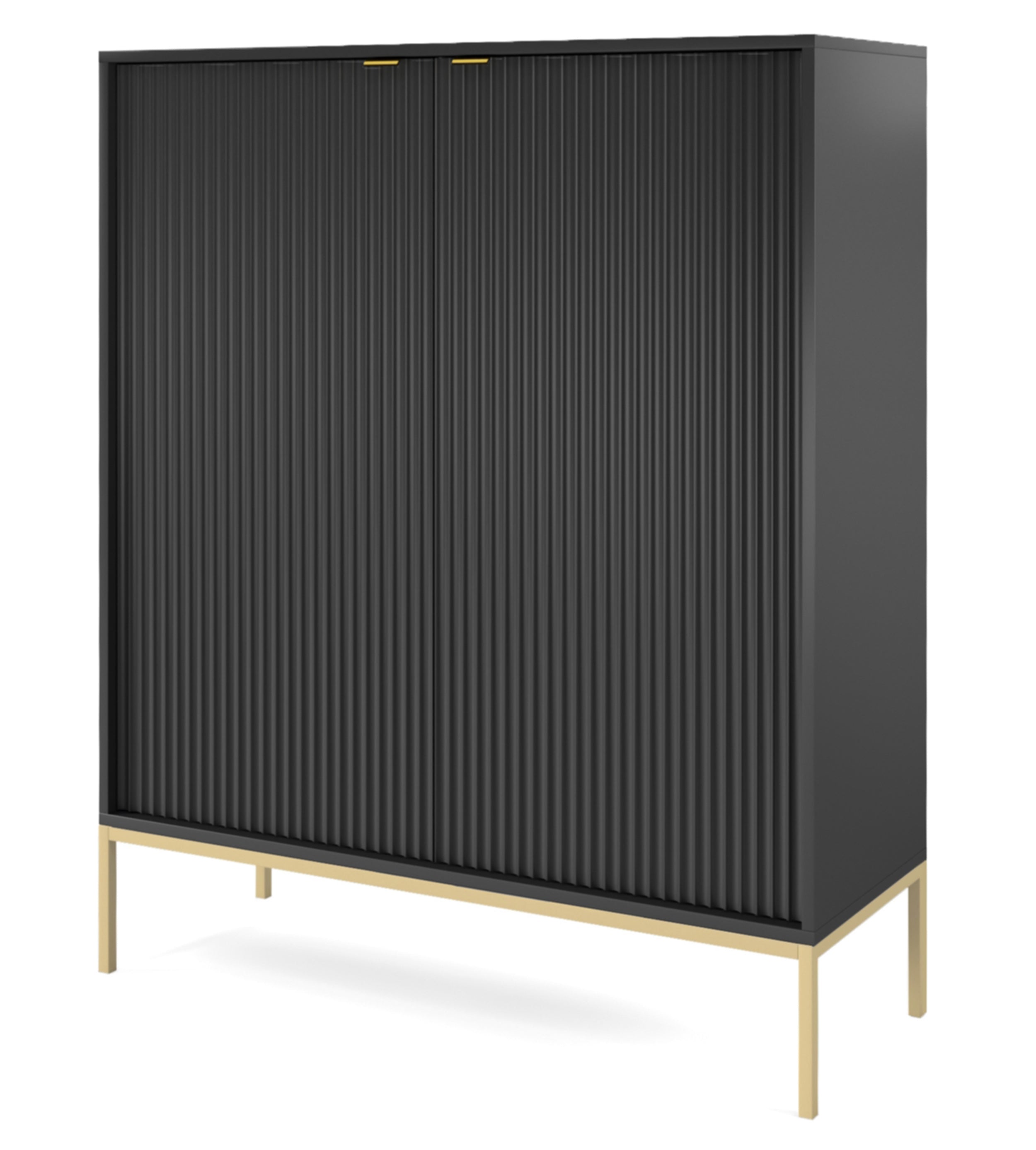 selsey-vellore-hohe-kommode-schwarz-mit-gerillten-fronten-und-goldenem-gestell image 1