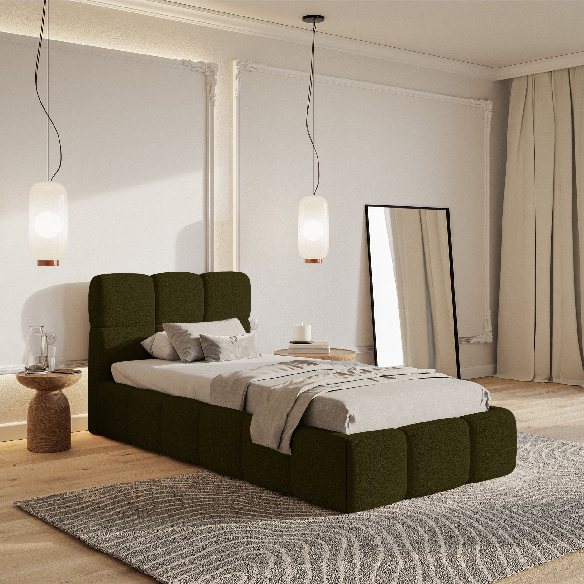 selsey-cloudy-gepolstertes-bett-90x200-cm-oliv-boucl-mit-stauraum-und-metallrahm image 2