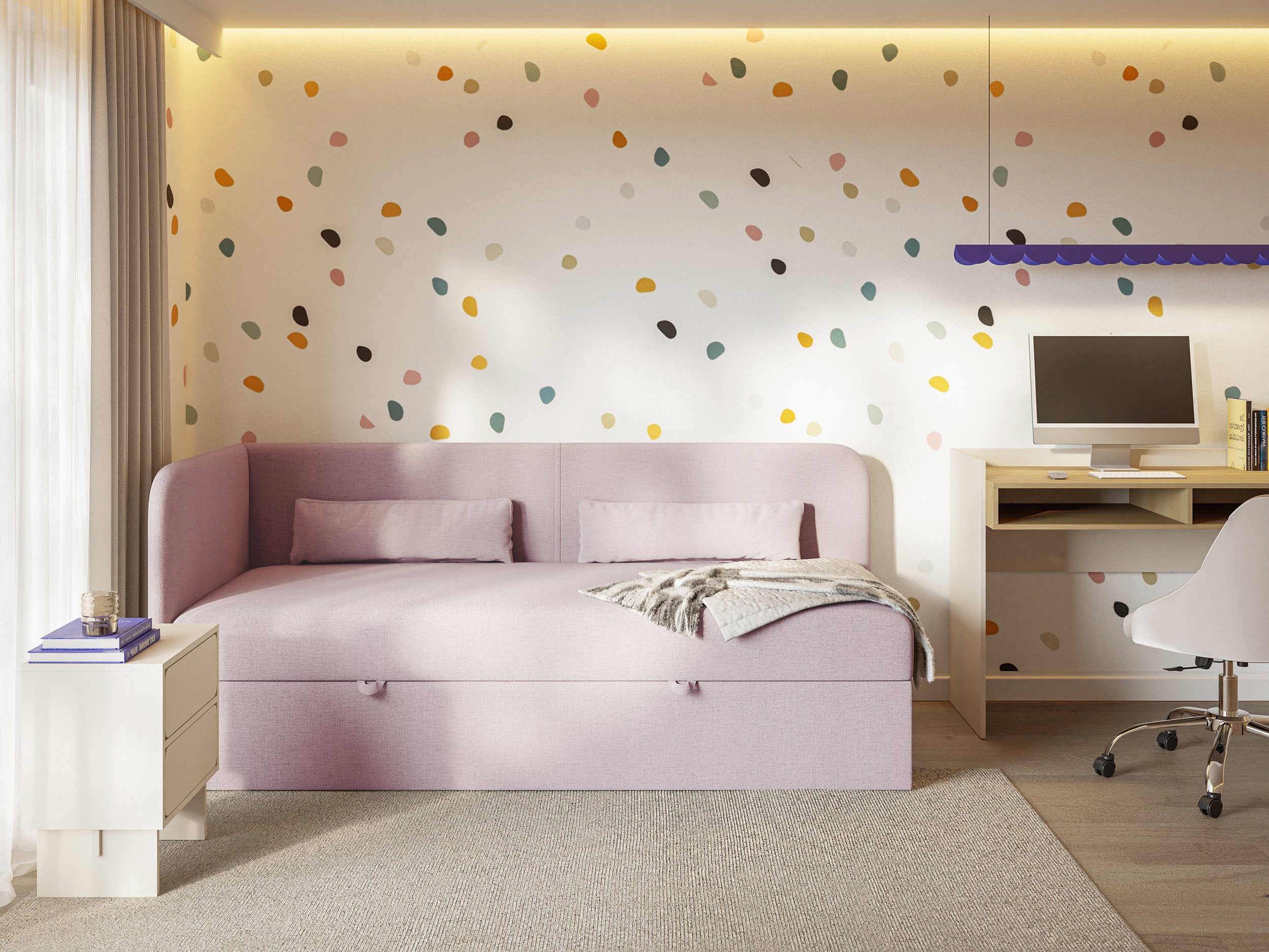 selsey-calmmo-jugendbett-90x200-cm-links-mit-stauraum-rosa-hydrophobe-chenille image 2