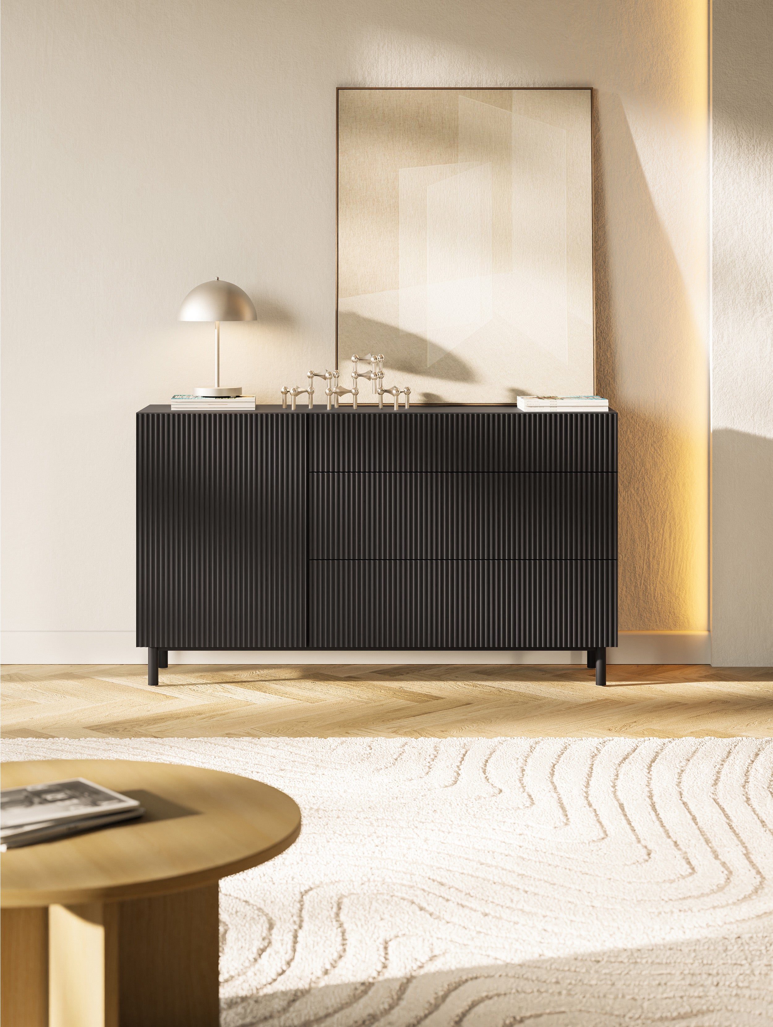 selsey-veldio-new-kommode-140-cm-schwarz-mit-gefr-ster-front-und-3-schubladen image 1