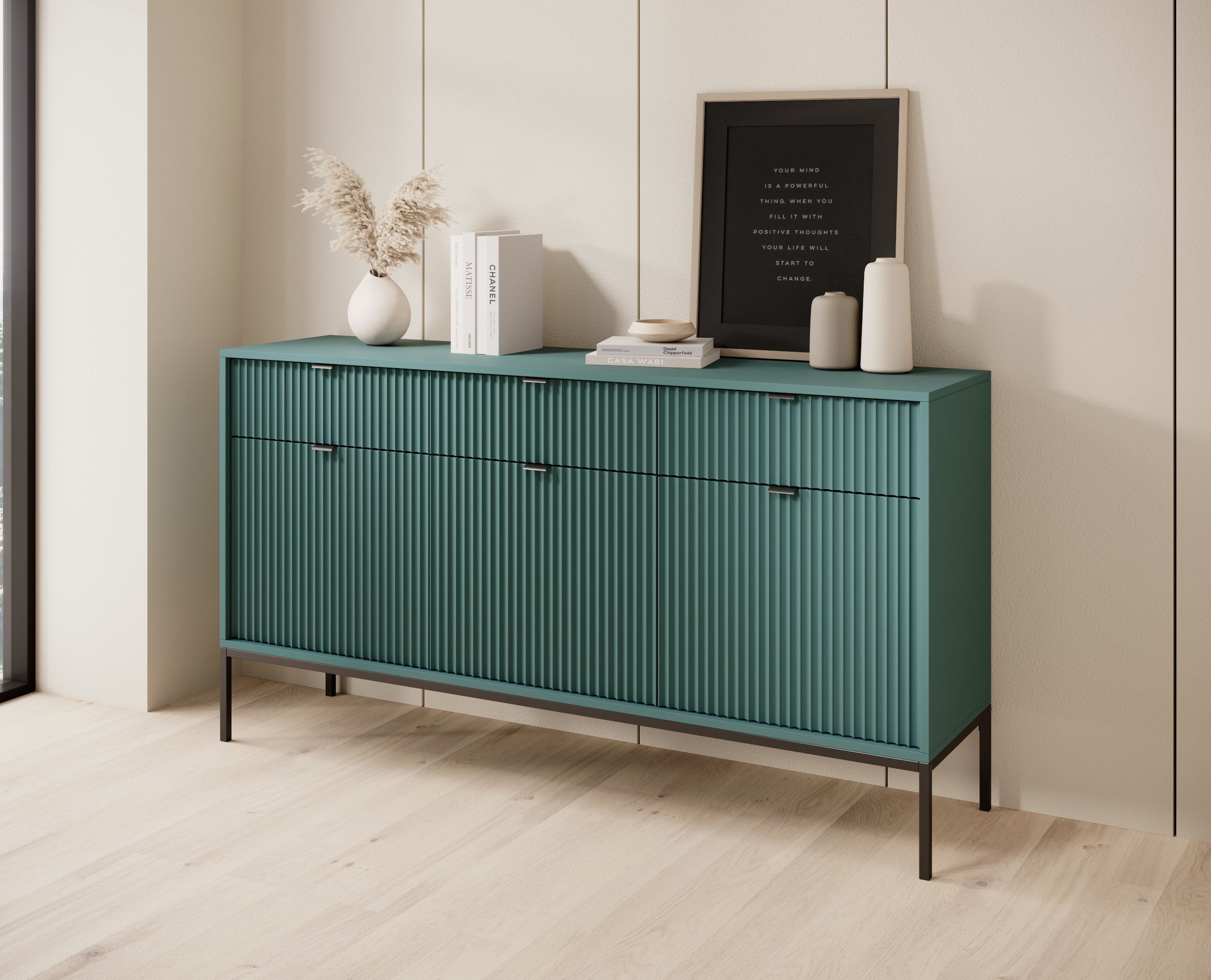 selsey-vellore-dreht-r-kommode-154-cm-gr-n-mit-rillenfronten-schwarzen-griffen image 2