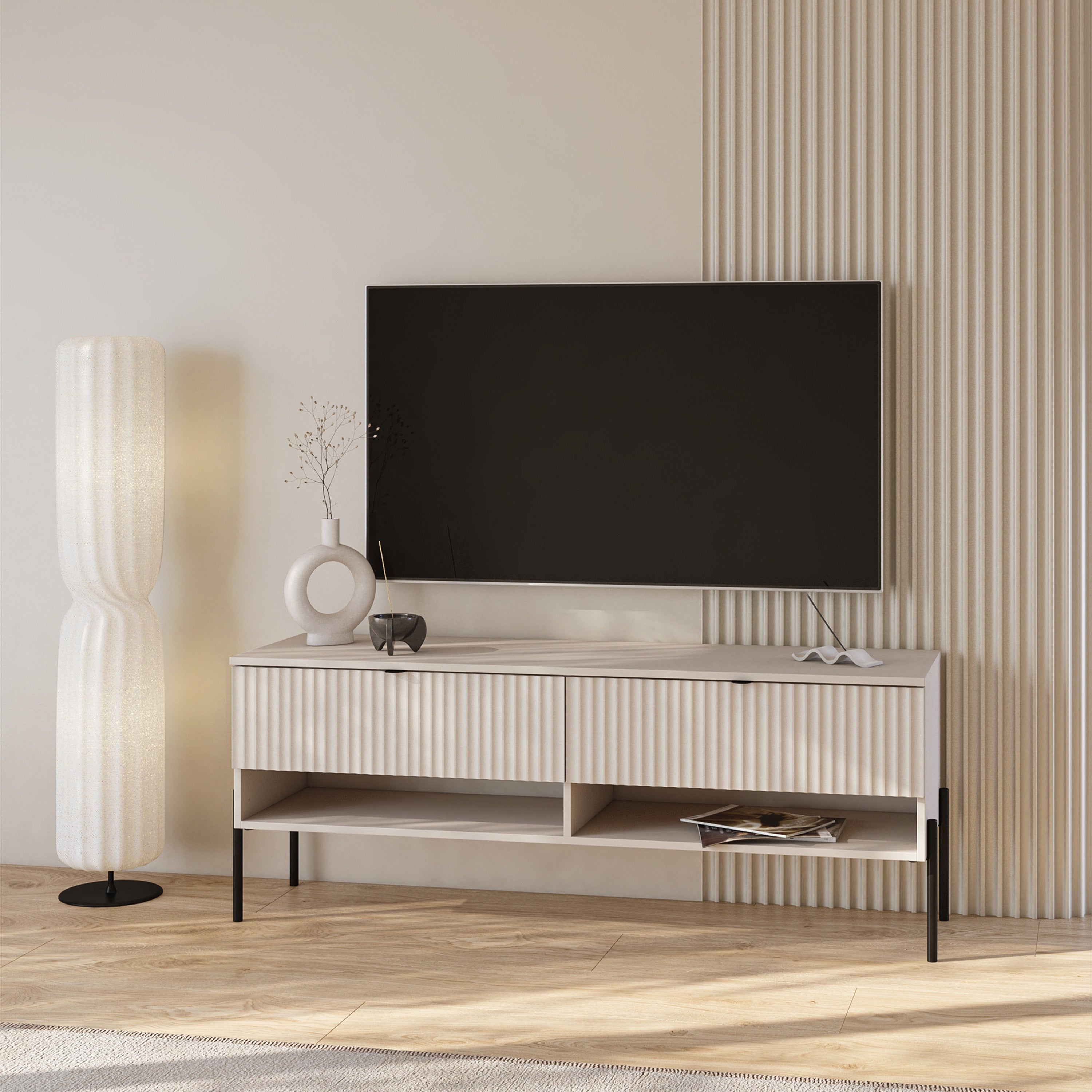 selsey-ore-tv-schrank-140-cm-kaschmir-mit-geriffelter-front-und-zwei-schubladen image 2