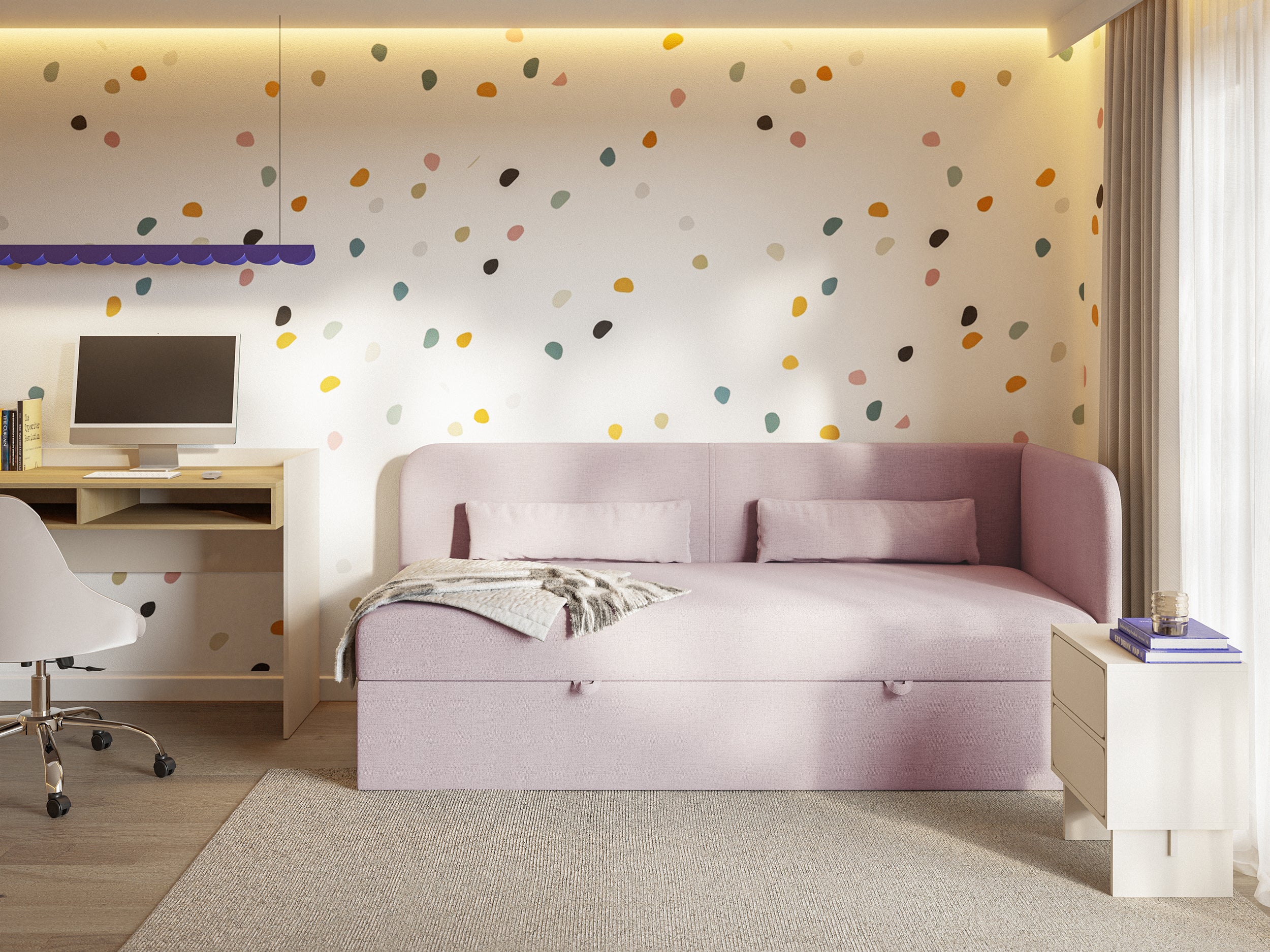 selsey-calmmo-jugendbett-90x200-cm-rechts-mit-stauraum-rosa-hydrophobes-chenille image 2