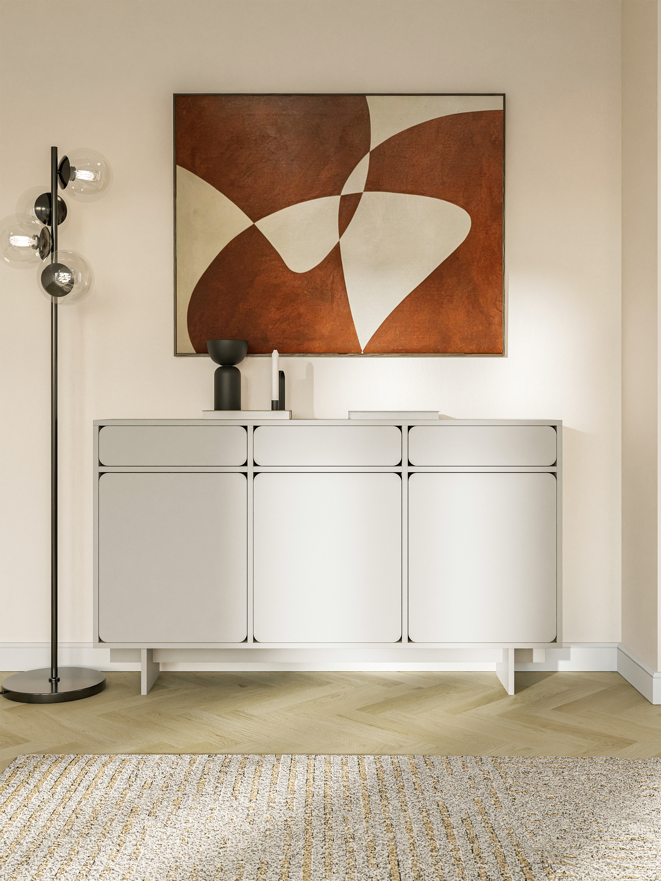 selsey-wuwu-dreht-r-kommode-150-cm-mit-drei-schubladen-grau-beige image 2