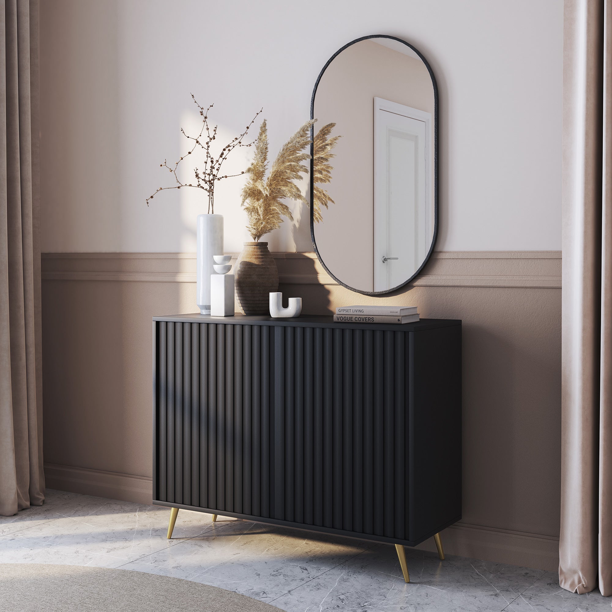selsey-bello-kommode-mit-lamellenfront-104-cm-schwarz-mit-goldenen-beinen image 2