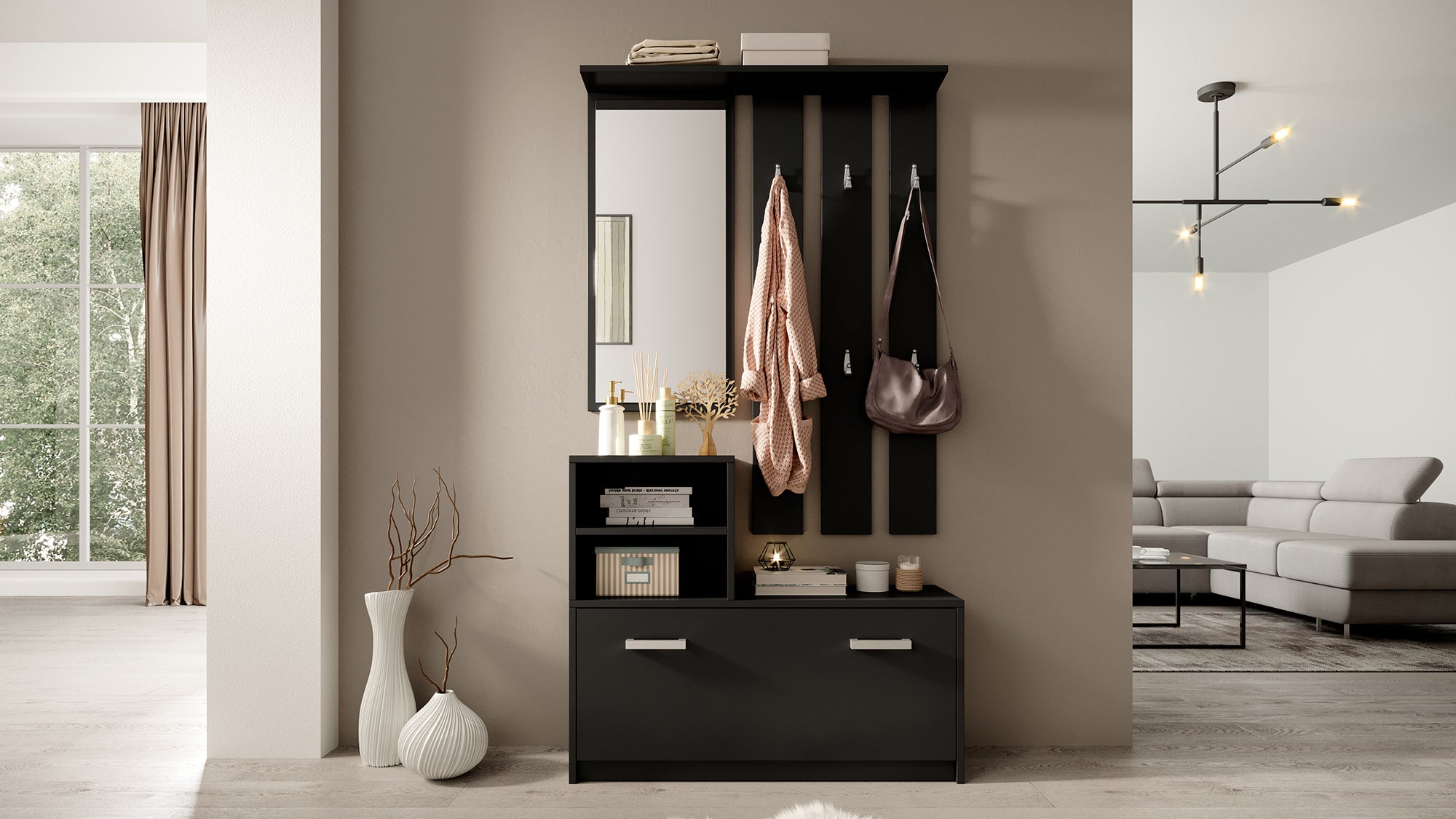 selsey-yesfir-flur-set-mit-spiegel-haken-regalen-und-schuhschrank-schwarz image 3