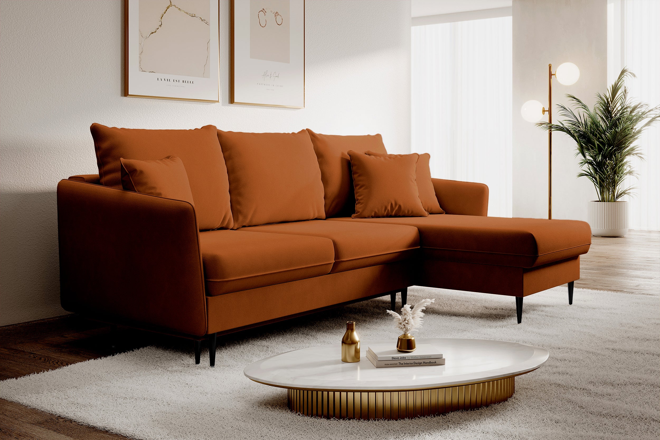 selsey-volio-ecksofa-mit-schlaffunktion-universell-kupfer-samt-schwarze-beine image 2