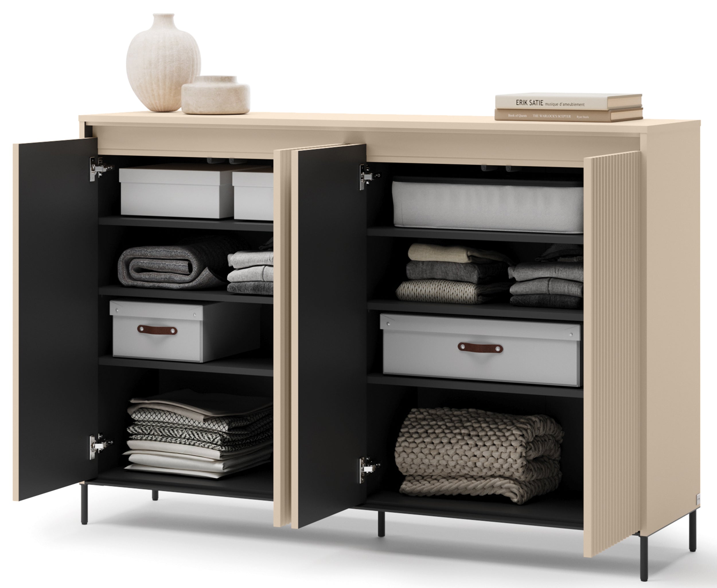 selsey-trend-hohe-kommode-153-cm-sandbeige-schwarz-4-t-ren-beleuchtung-rillenfro image 8