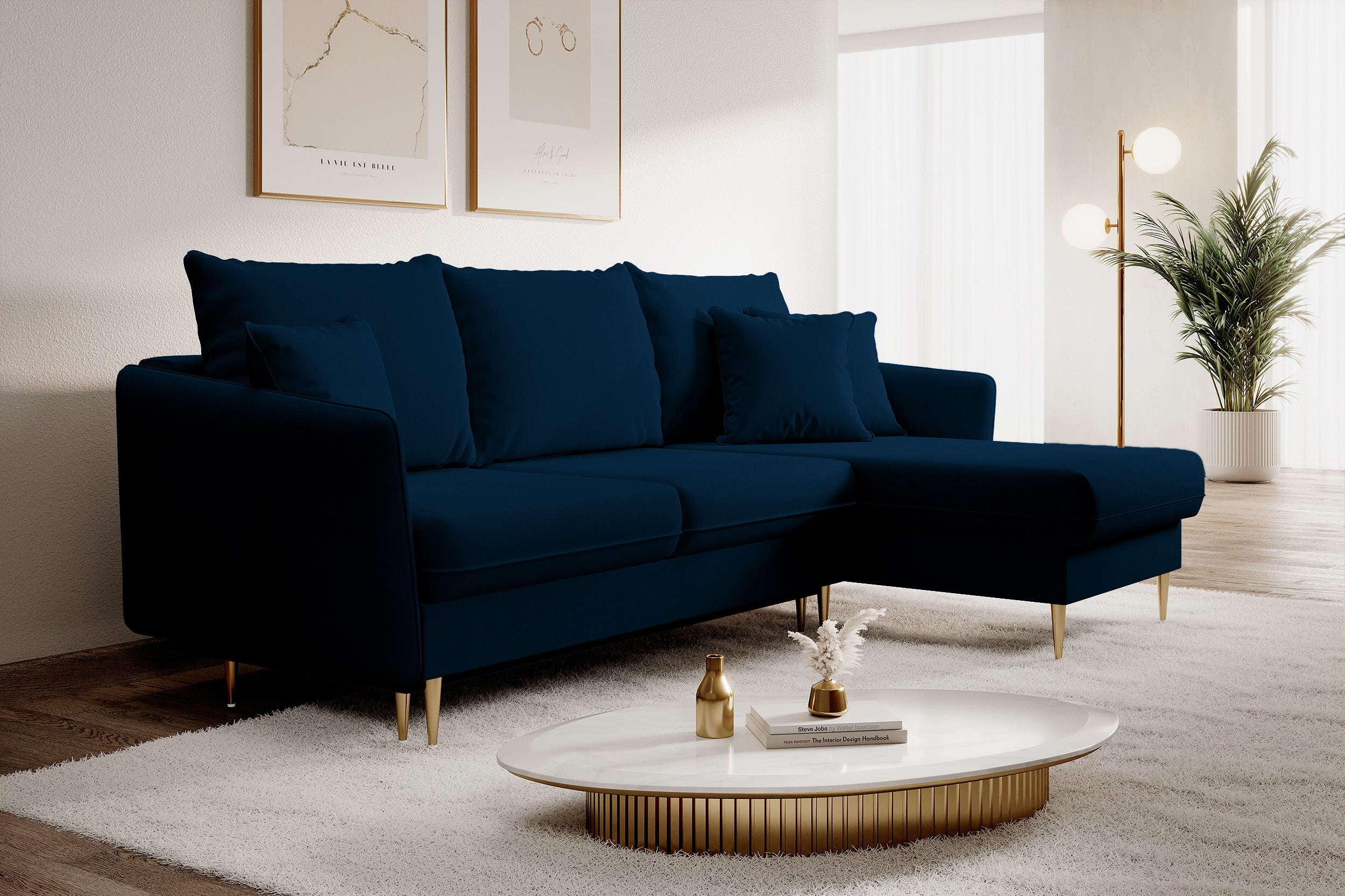 selsey-volio-ecksofa-mit-schlaffunktion-samtig-blau-wasserabweisend-mit-goldenen image 3