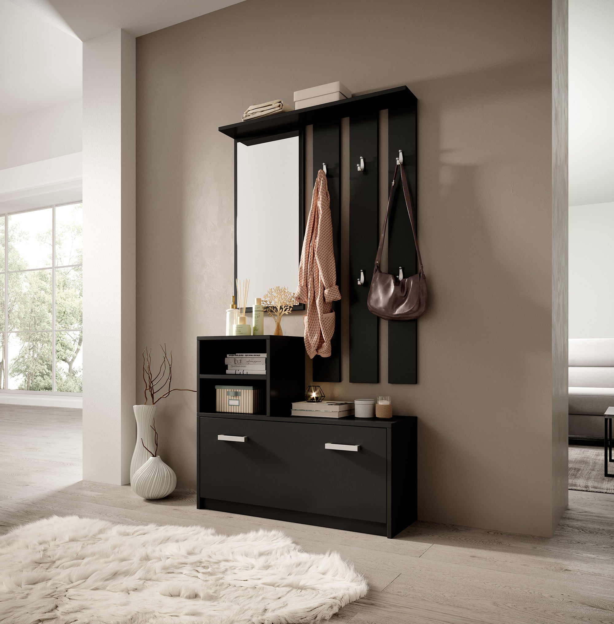 selsey-yesfir-flur-set-mit-spiegel-haken-regalen-und-schuhschrank-schwarz image 4
