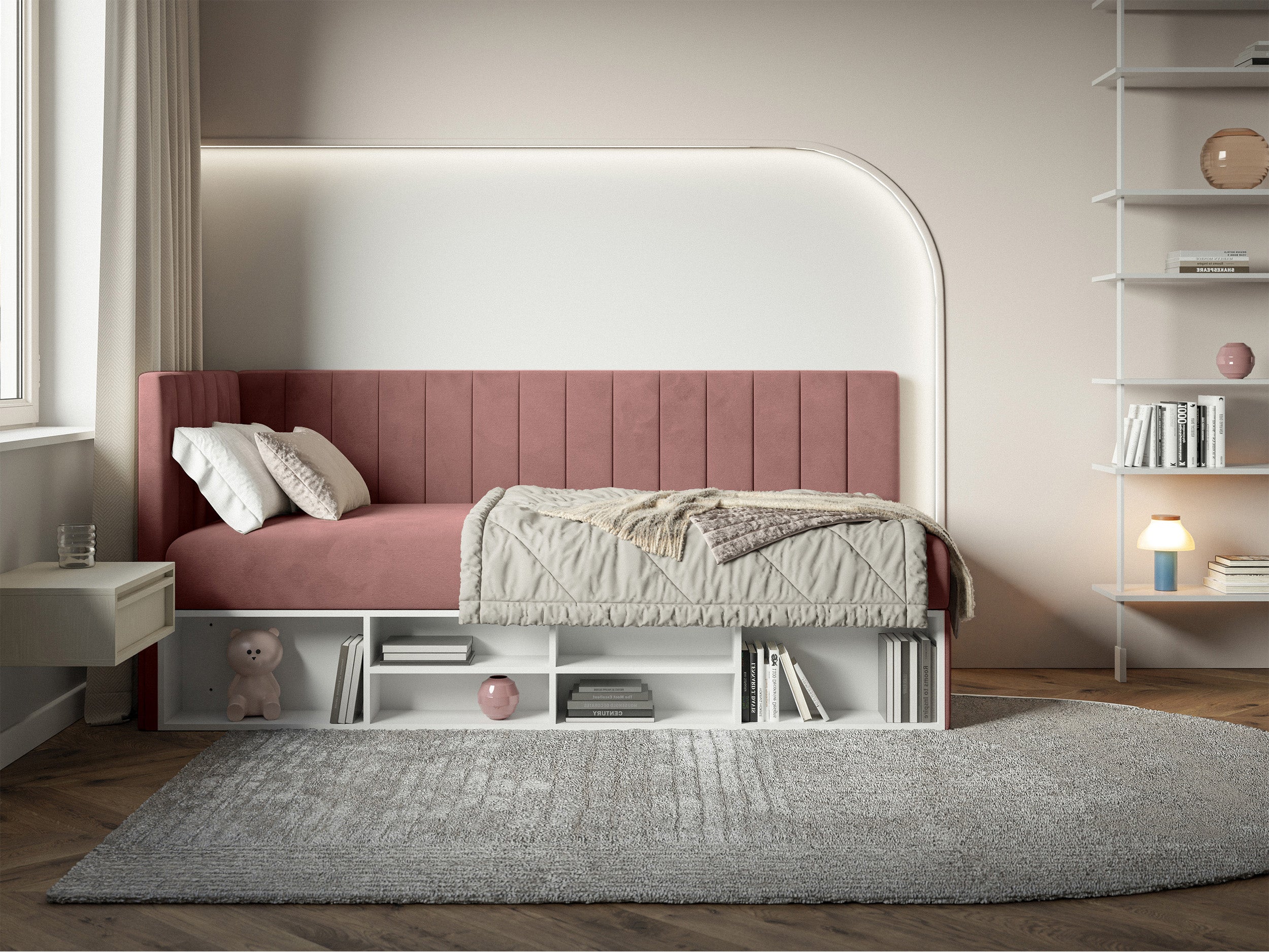 selsey-ventrio-jugendbett-90x200-cm-links-mit-stauraum-und-regalen-rosa-velours- image 3