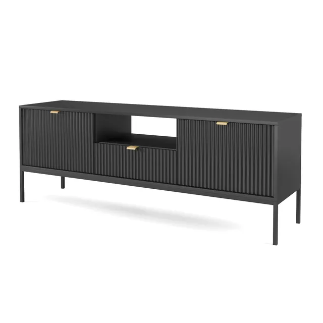 selsey-vellore-tv-schrank-154-cm-schwarz-mit-gerillten-fronten-und-goldenen-grif image 1