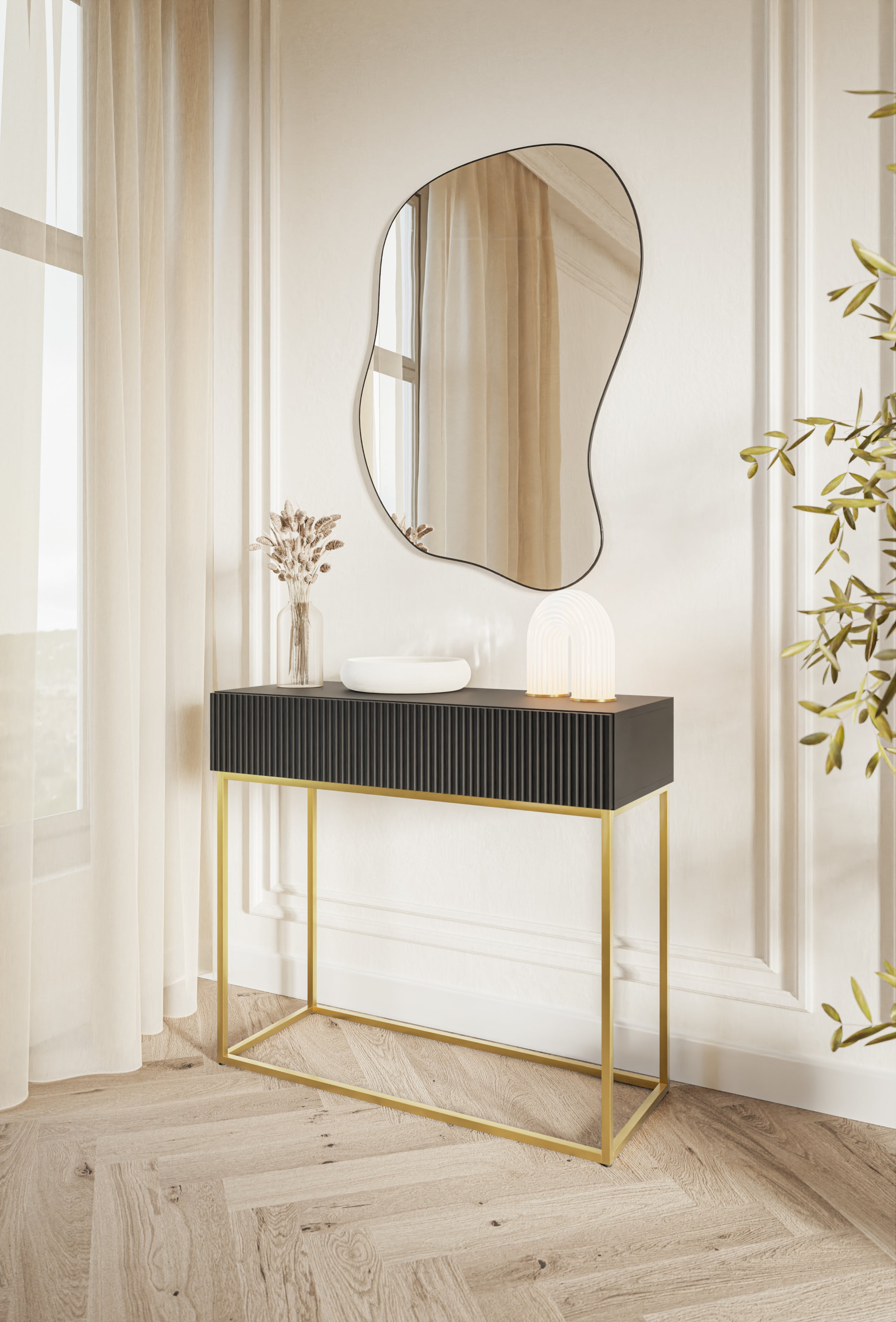 selsey-veldio-konsole-90-cm-schwarz-mit-goldenen-beinen-und-gefr-ster-front image 3