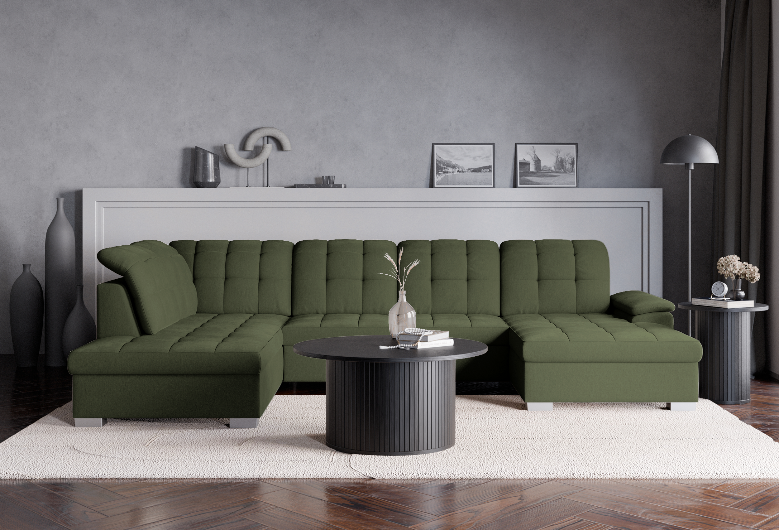 selsey-jamaal-ecksofa-mit-schlaffunktion-u-f-rmig-rechtsseitig-khaki-flechtmuste image 2