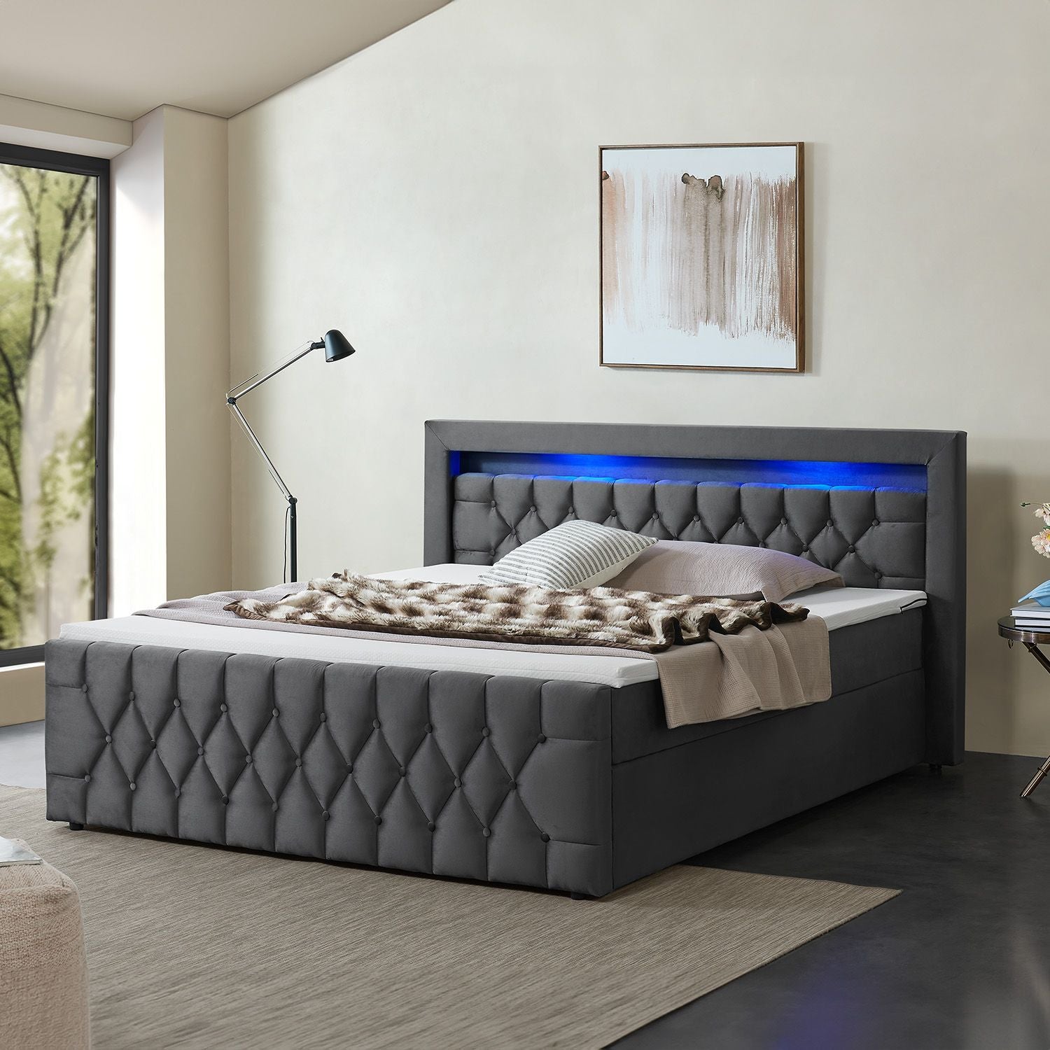 juskys-boxspringbett-leona-samt-grau-mit-led-kopfteil-und-topper image 2