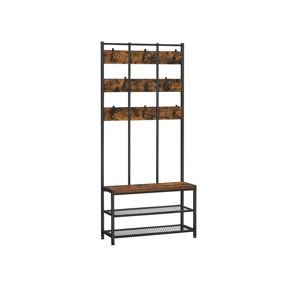 vasagle-alinru-garderobenst-nder-vintagebraun-schwarz-mit-8-haken-und-sitzfl-che image 1