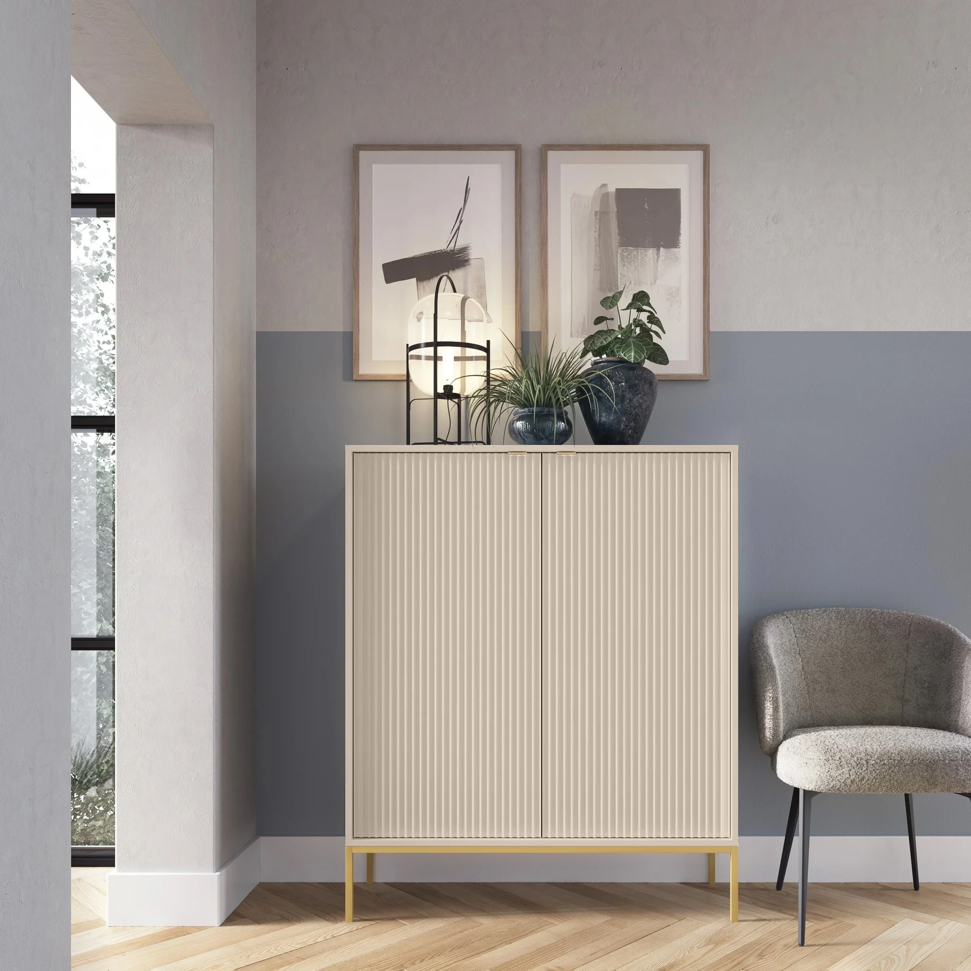 selsey-hohe-kommode-vellore-beige-mit-rillenfronten-und-goldenem-gestell image 2