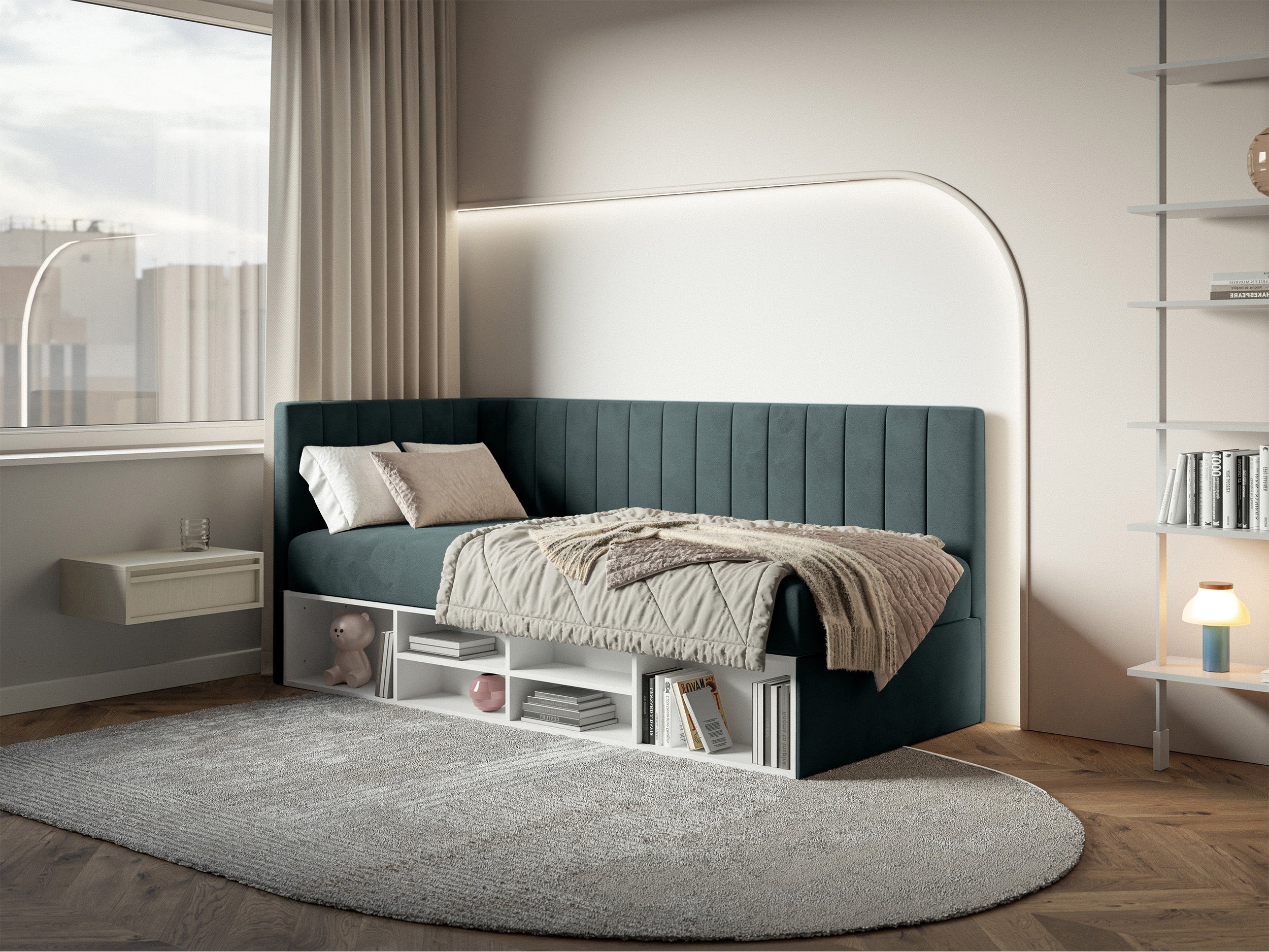 selsey-ventrio-jugendbett-90x200-cm-links-mit-stauraum-blau-grau-velours image 3