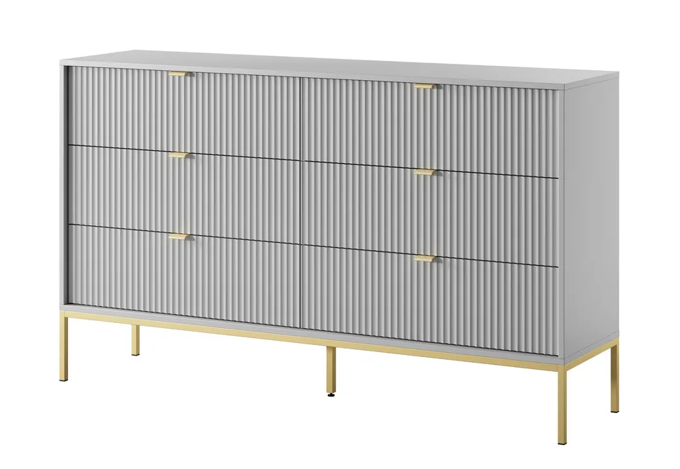 selsey-vellore-kommode-mit-6-schubladen-154-cm-grau-mit-rillenfronten-und-golden image 1