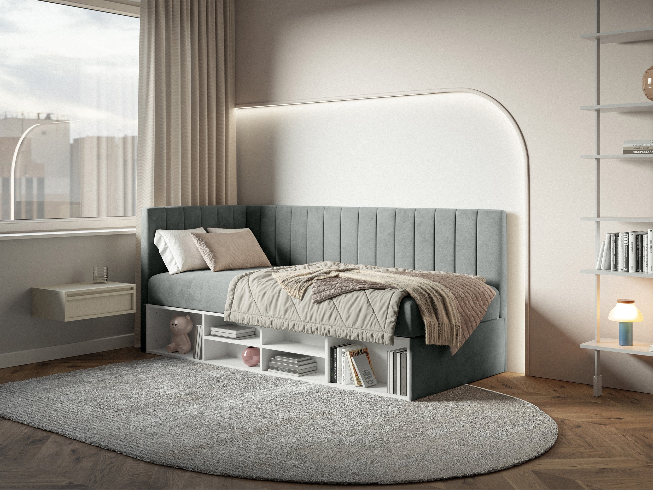 selsey-ventrio-jugendbett-90x200-cm-links-mit-stauraum-und-regal-grauer-velours image 2
