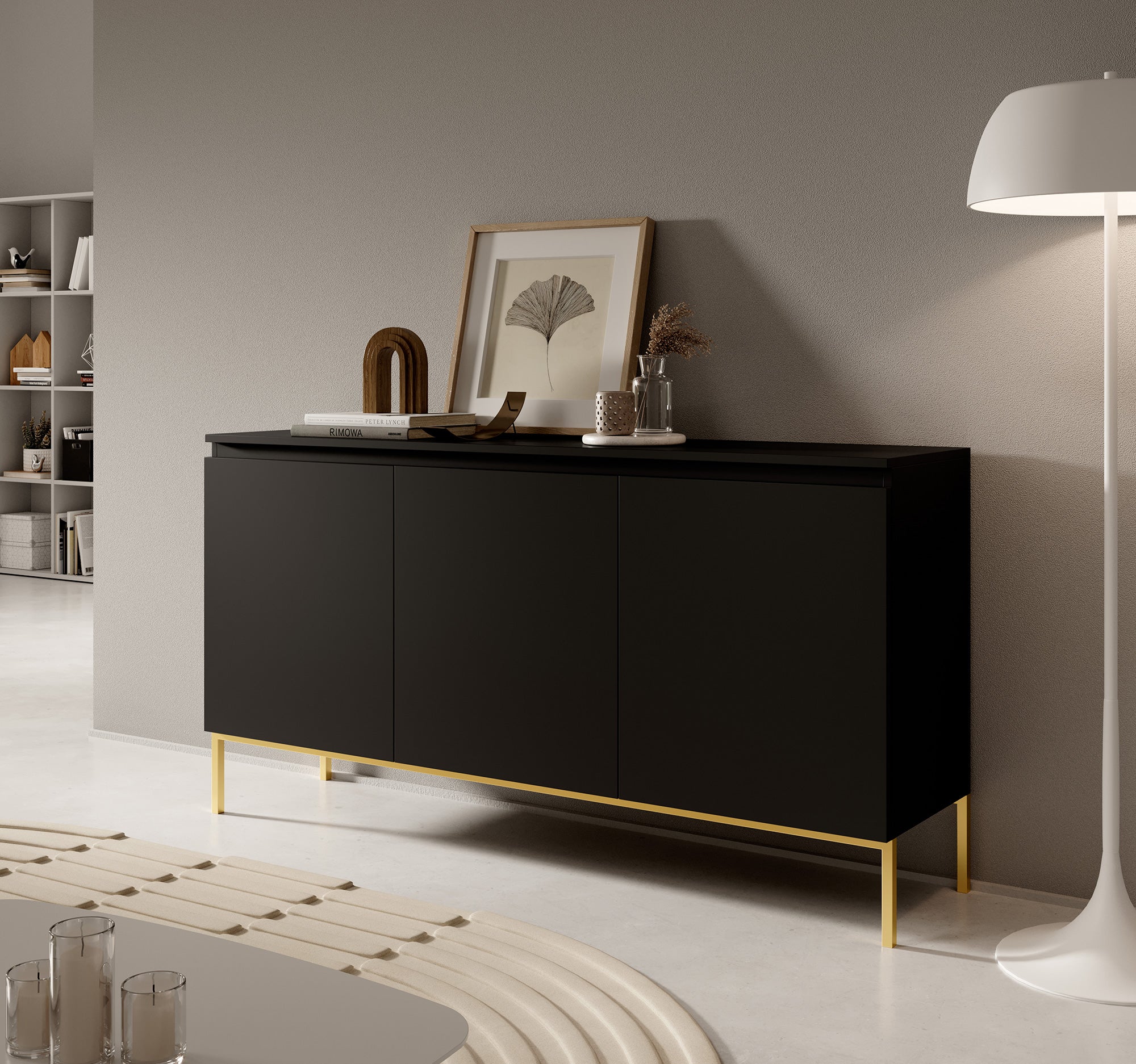 selsey-bemmi-kommode-150-cm-schwarz-mit-3-dreht-ren-und-goldenen-beinen image 2