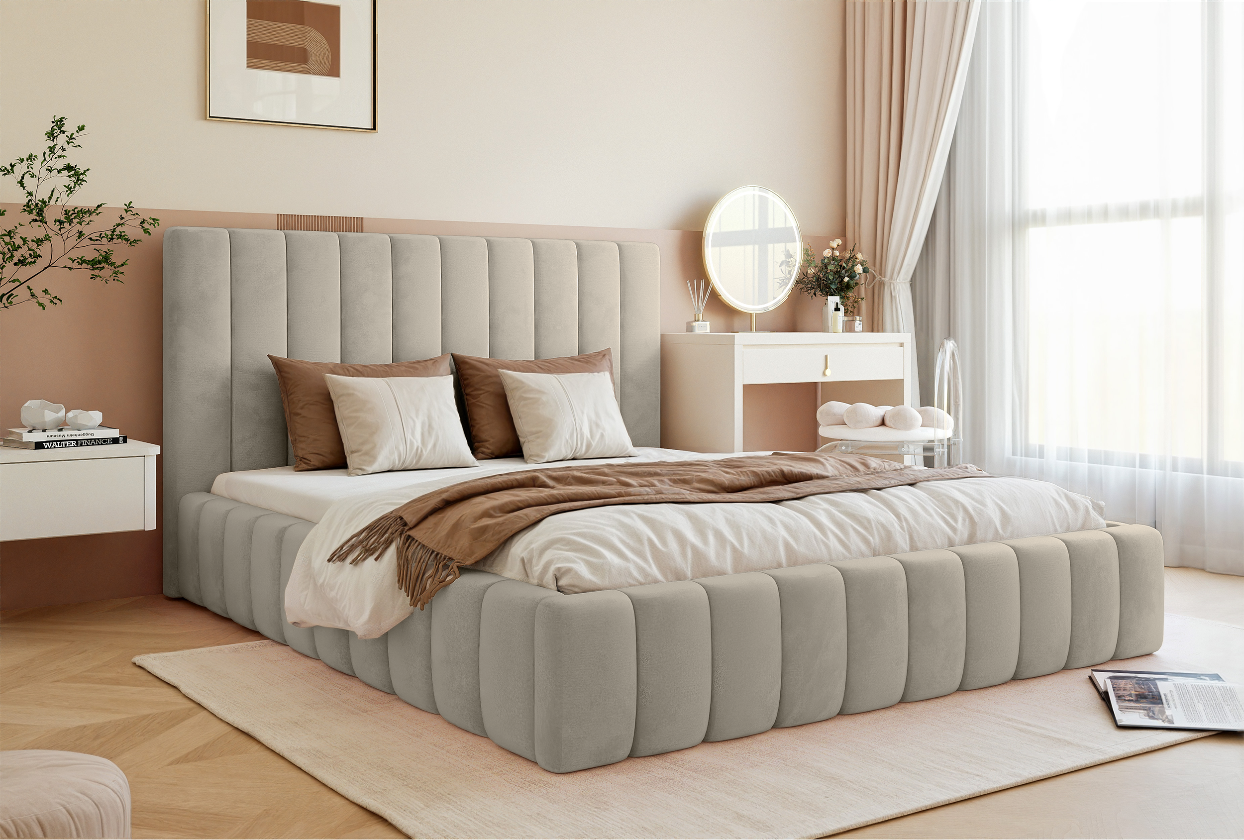 selsey-fiarro-polsterbett-180x200-cm-mit-bettkasten-hellbeiger-samt-metallrahmen image 2