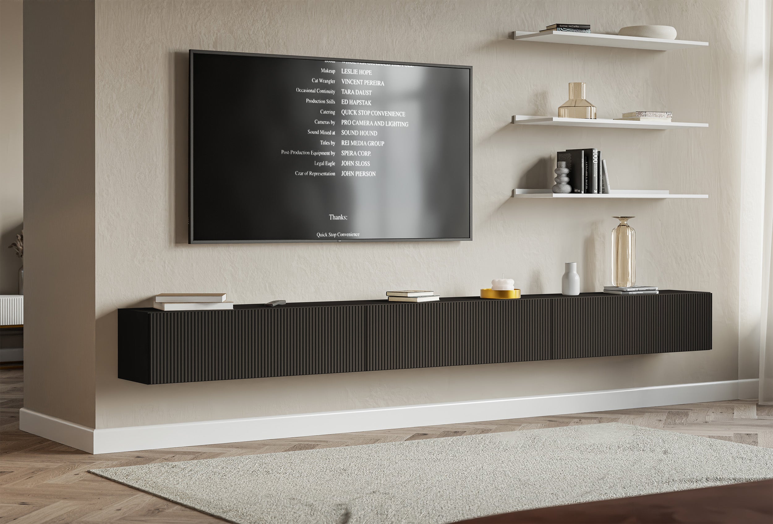 selsey-veldio-h-ngender-tv-schrank-300-cm-dreit-rig-geriffelte-front-schwarz-mat image 1
