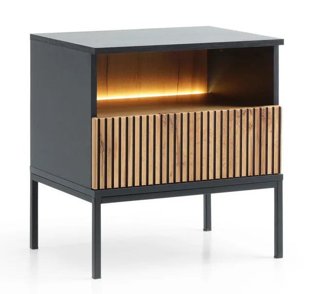 selsey-tosena-nachttisch-54-cm-schwarz-wotan-eiche-mit-schublade-und-led image 1