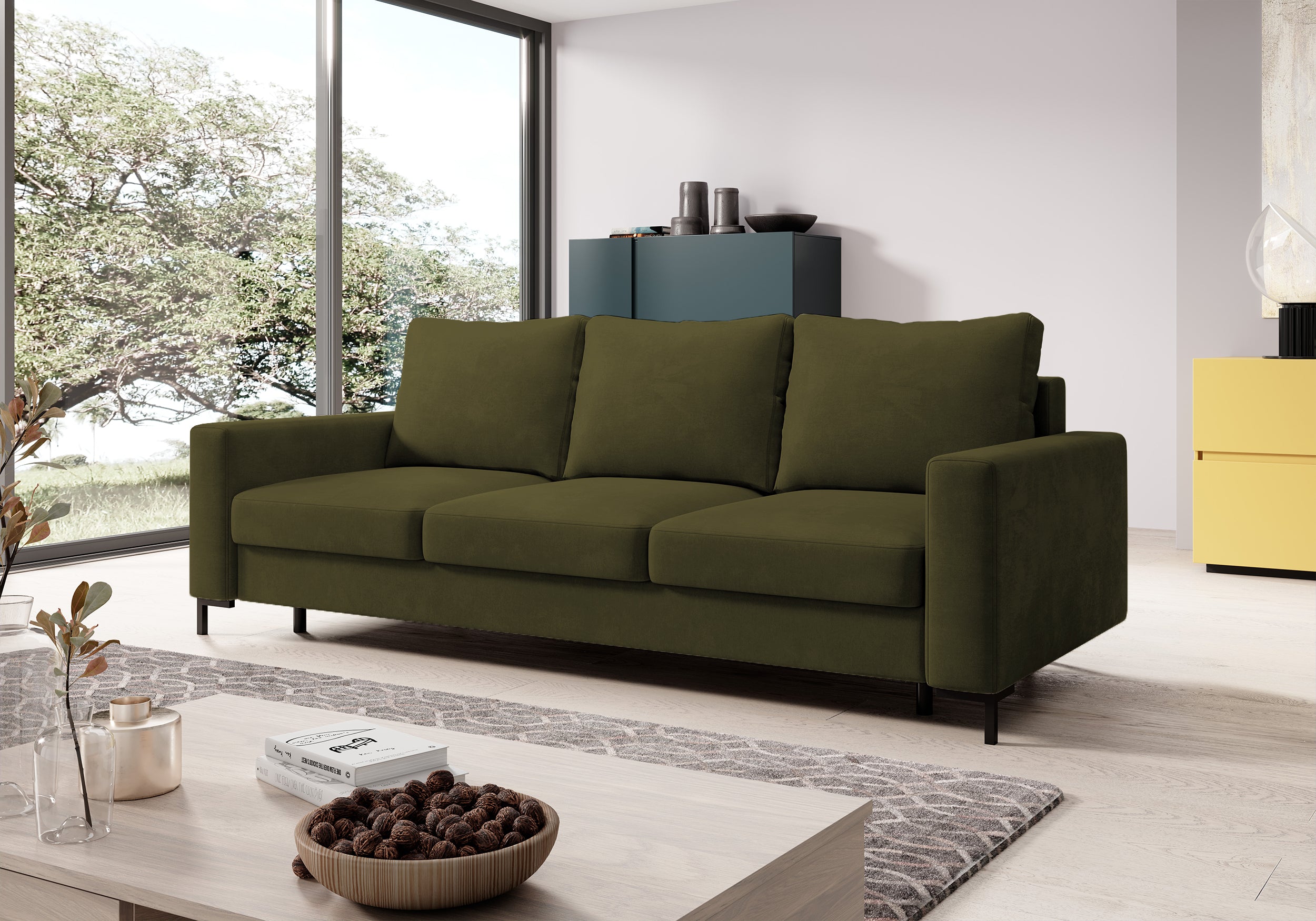 selsey-mokpeo-dreisitziges-ausklappbares-sofa-olivgr-ner-samt-mit-stauraum image 3