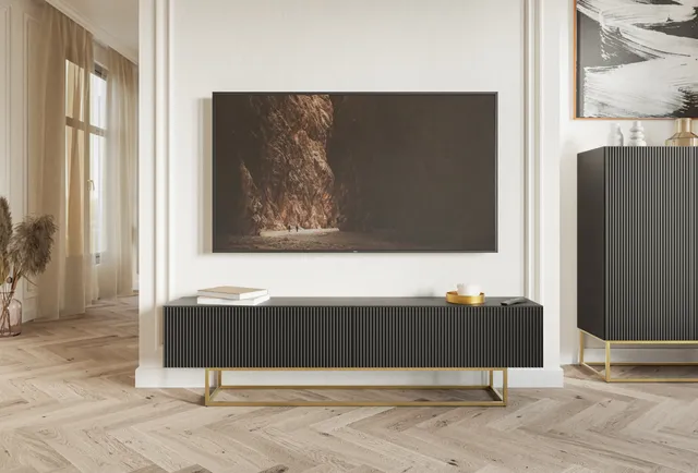 selsey-veldio-tv-schrank-175-cm-schwarz-mit-gefr-ster-front-und-goldenen-beinen image 1