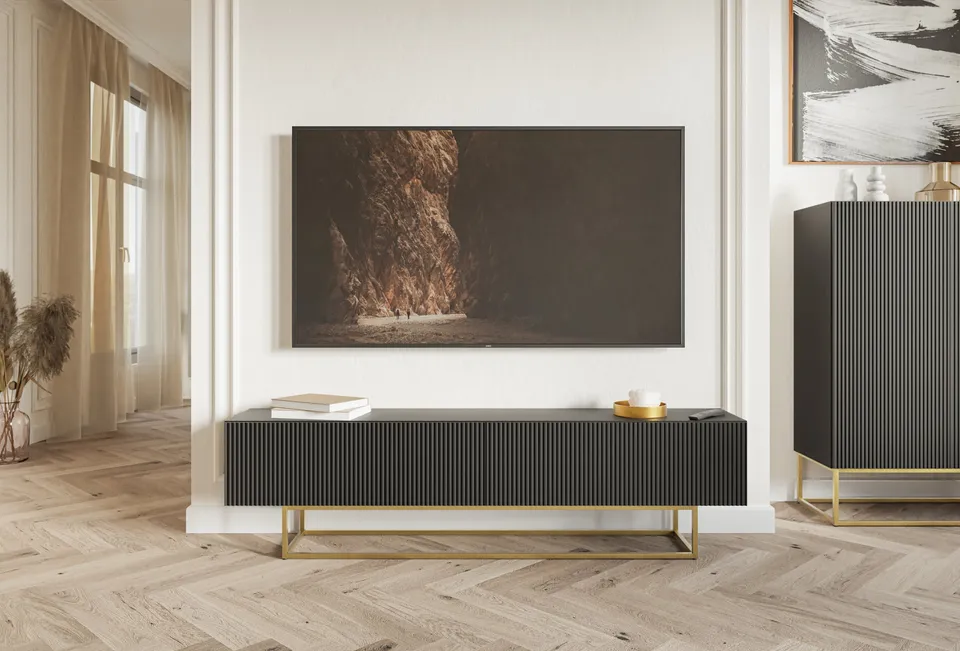 selsey-veldio-tv-schrank-175-cm-schwarz-mit-gefr-ster-front-und-goldenen-beinen image 1
