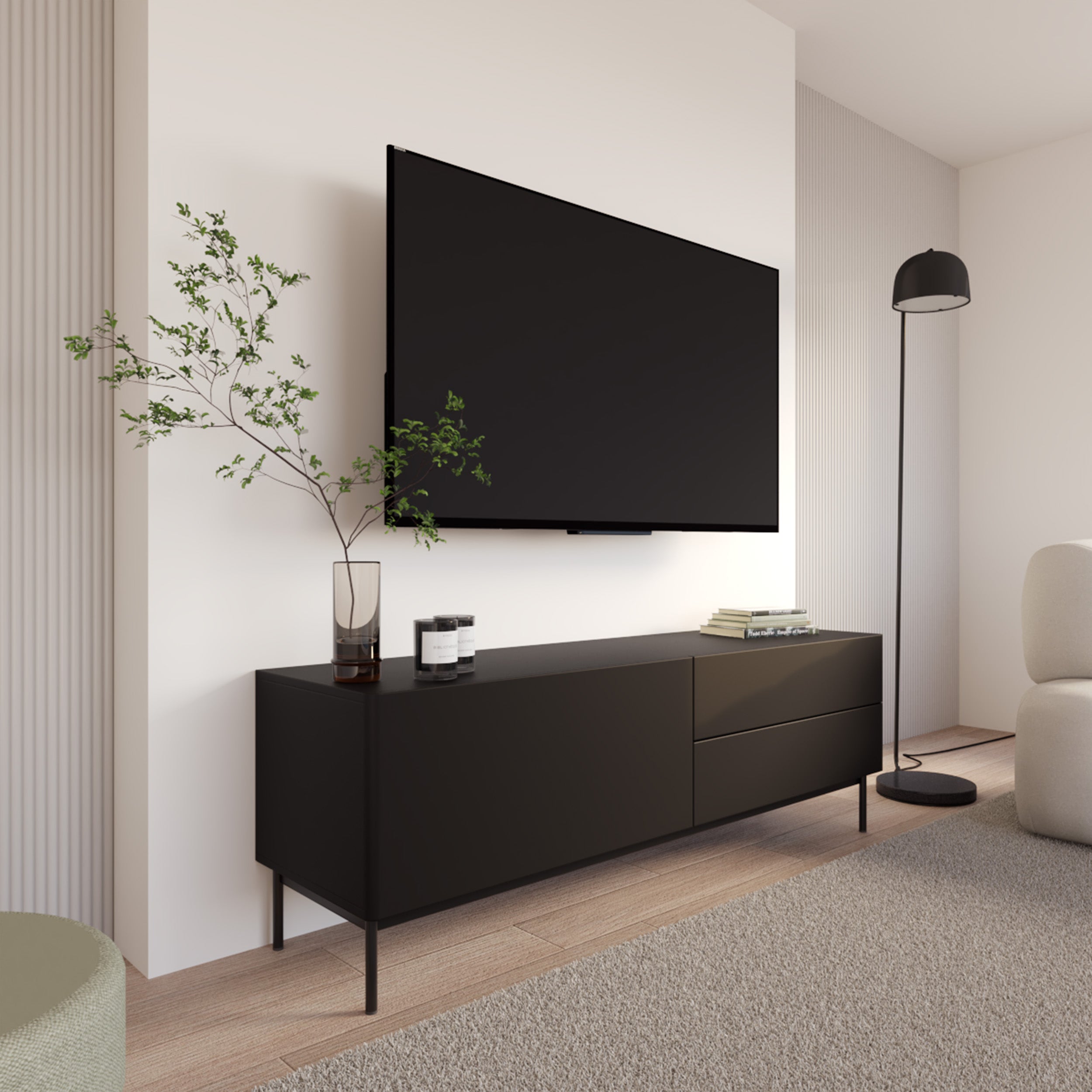 selsey-olio-tv-schrank-160-cm-mit-klappe-und-zwei-schubladen-schwarz image 3