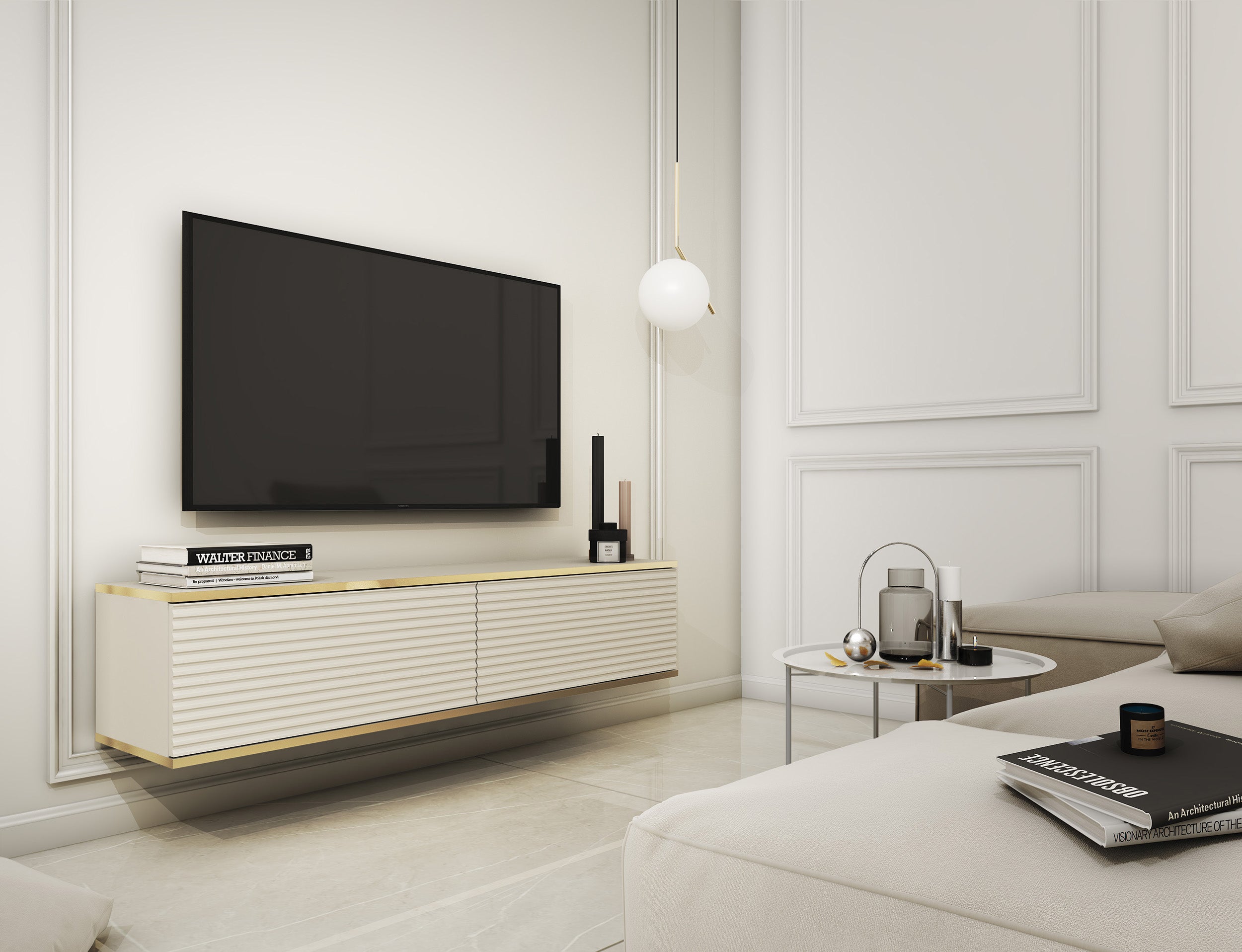 selsey-mucalma-tv-schrank-135-cm-beige-mit-goldenen-lamellen-akzenten image 2