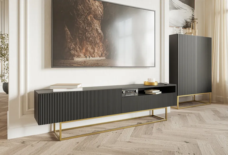 selsey-veldio-tv-schrank-175-cm-mit-gefr-ster-front-und-nische-schwarz-mit-golde image 1