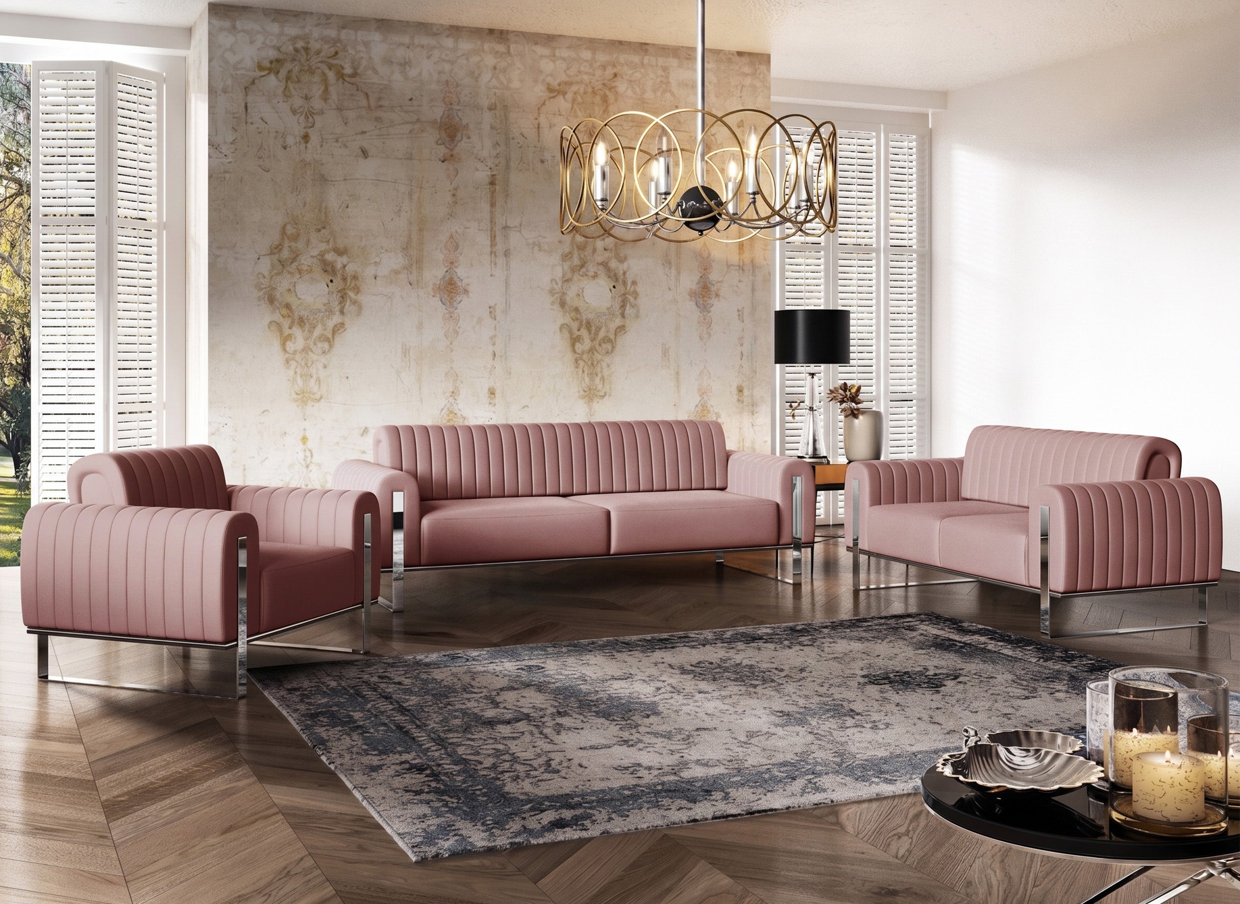 selsey-parissa-dreier-sofa-3-sitzer-rosa-samt-mit-chrom-beinen image 3