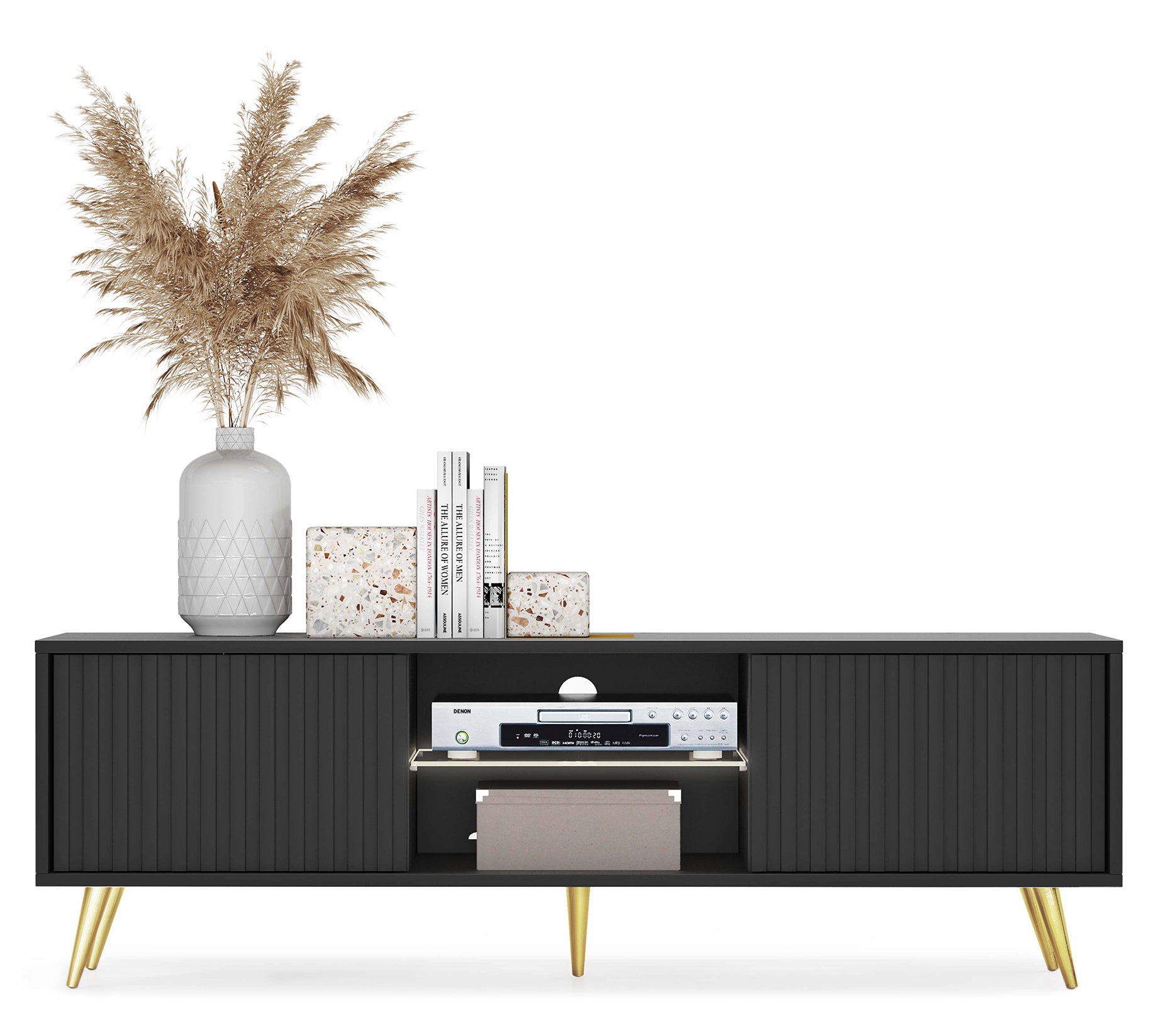 selsey-bello-tv-schrank-135-cm-schwarz-mit-lamellenfronten-und-goldenen-beinen image 4