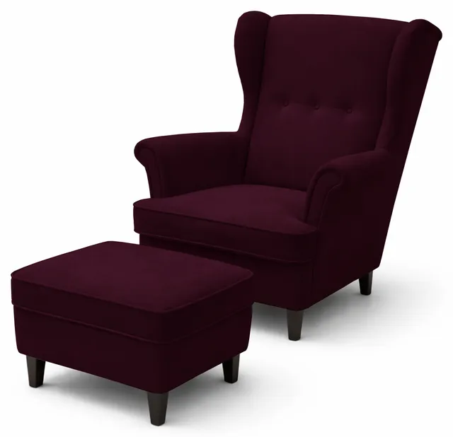 selsey-malmello-ohrensessel-mit-hocker-burgunderroter-samt-schwarze-beine image 1