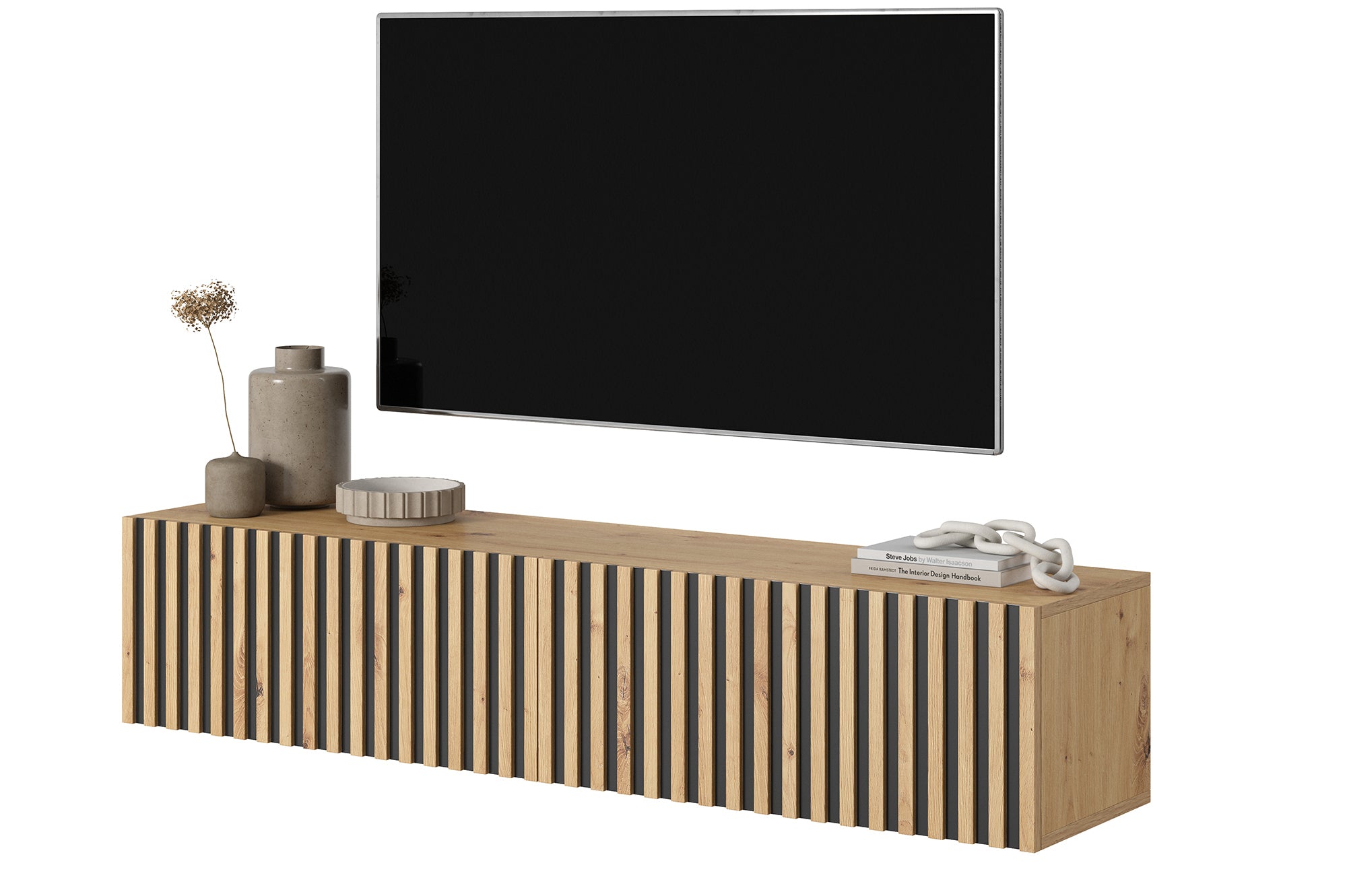 selsey-telire-tv-schrank-138-6-cm-artisan-eiche-mit-lamellenfront-schwarze-eins- image 1