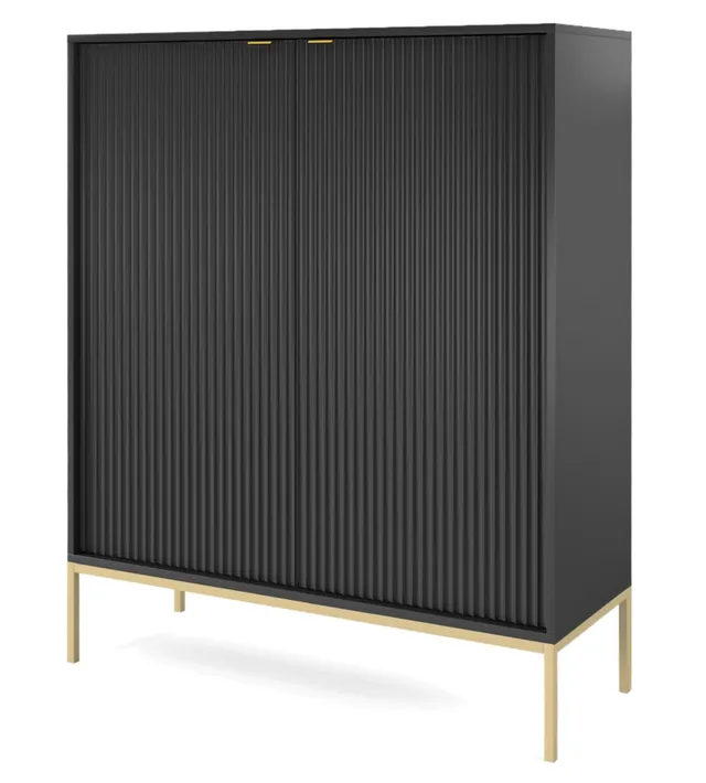 selsey-vellore-hohe-kommode-schwarz-mit-gerillten-fronten-und-goldenem-gestell image 1