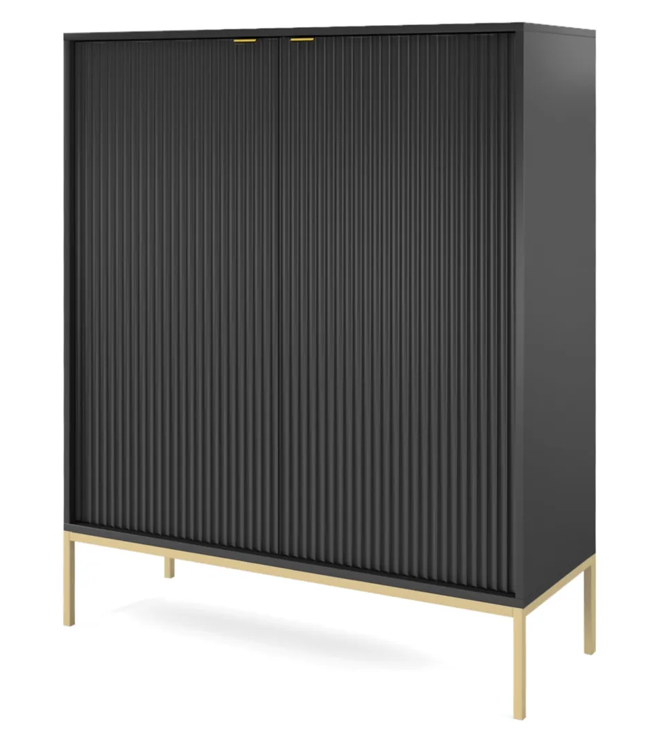 selsey-vellore-hohe-kommode-schwarz-mit-gerillten-fronten-und-goldenem-gestell image 1