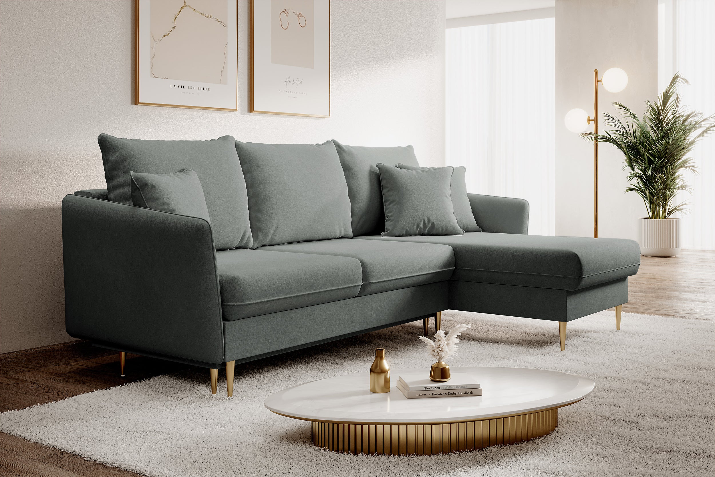 selsey-volio-ecksofa-mit-schlaffunktion-grauer-samt-wasserabweisend-goldene-bein image 2