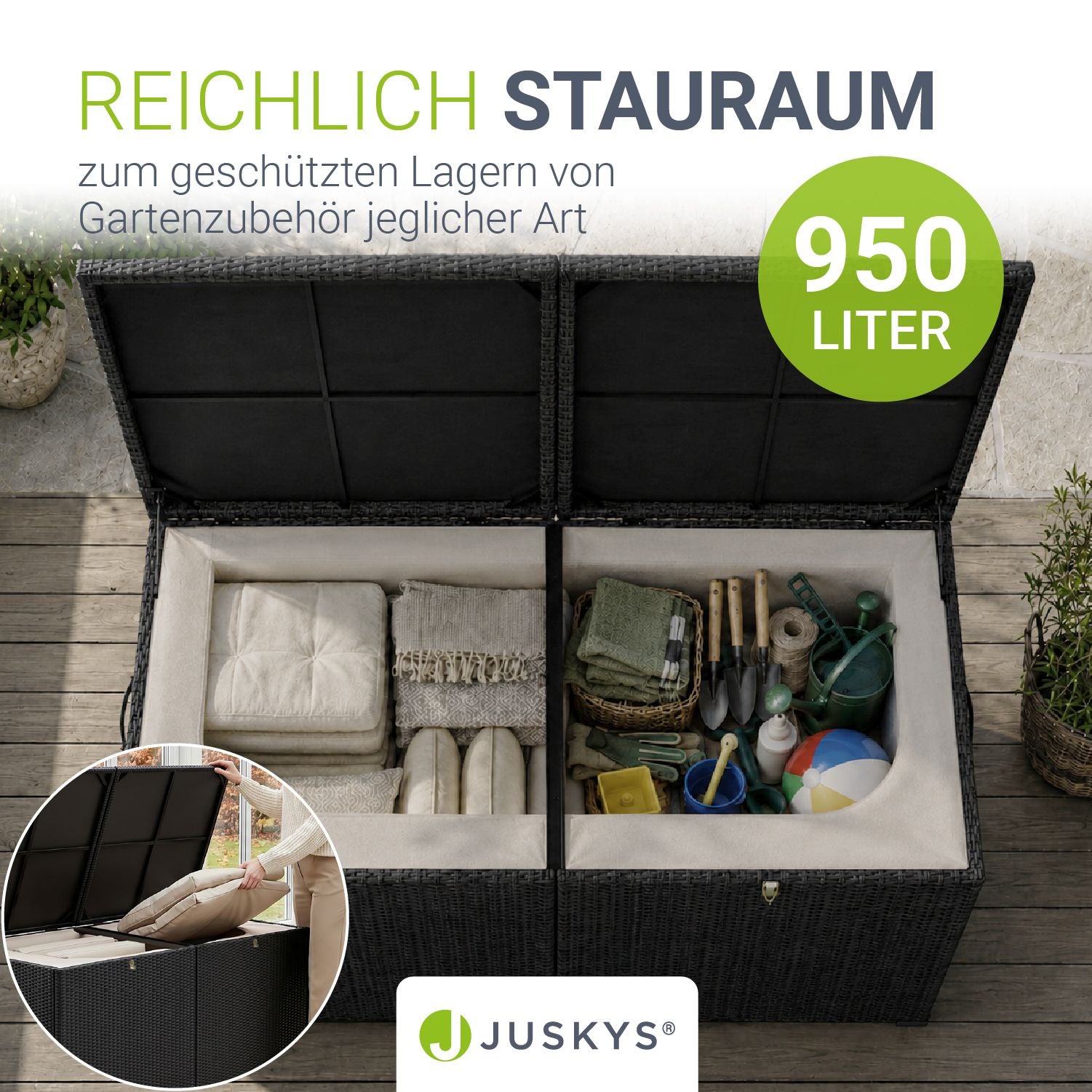 juskys-polyrattan-auflagenbox-ikaria-950-l-gartenbox-schwarz-mit-deckel image 2