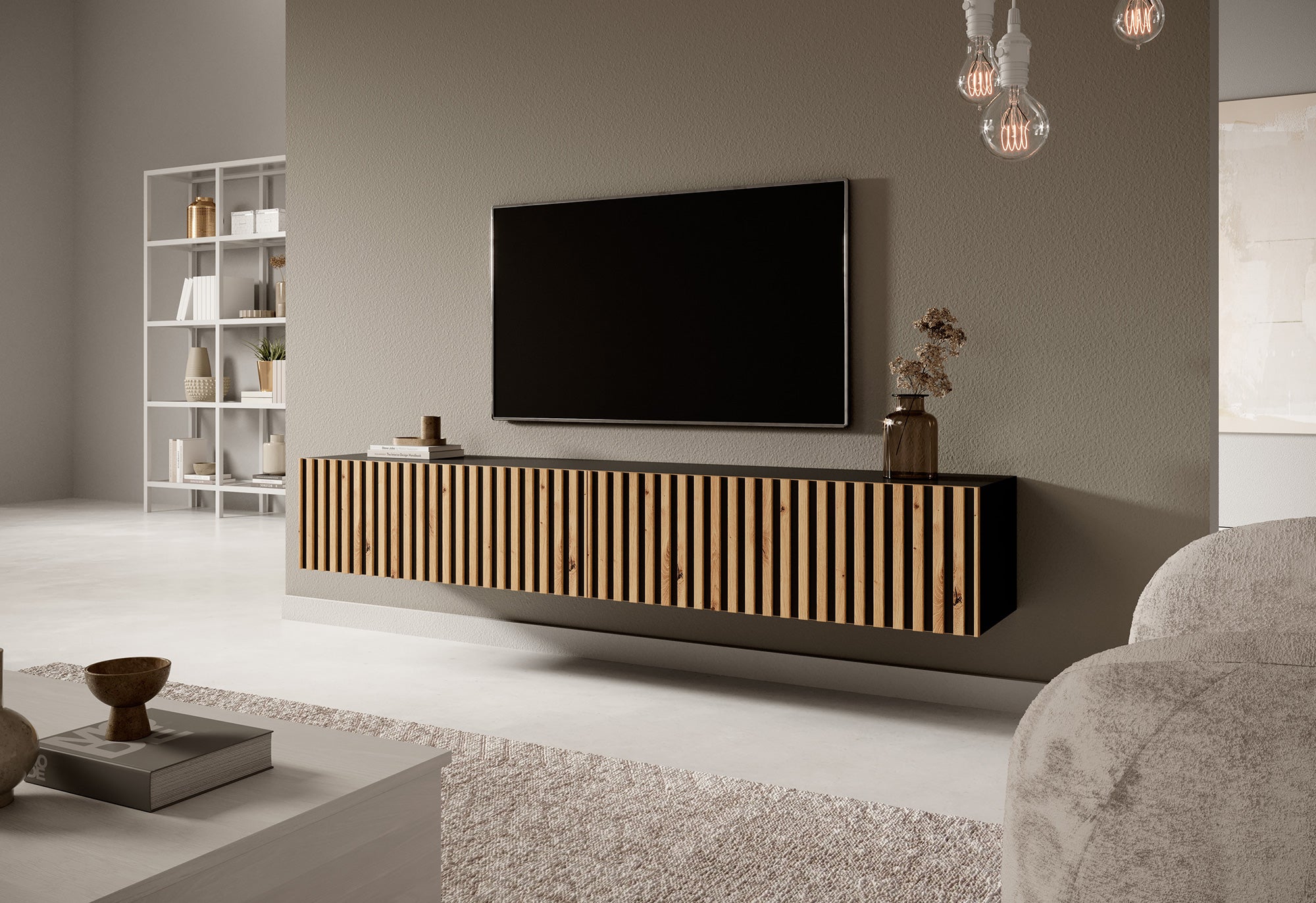 selsey-telire-tv-schrank-175-cm-schwarz-mit-lamellenfront-artisan-eiche image 3