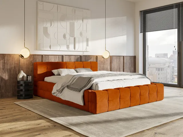 selsey-puffly-gepolstertes-bett-160x200-cm-mit-stauraum-kupfer-samt-metallrahmen image 1