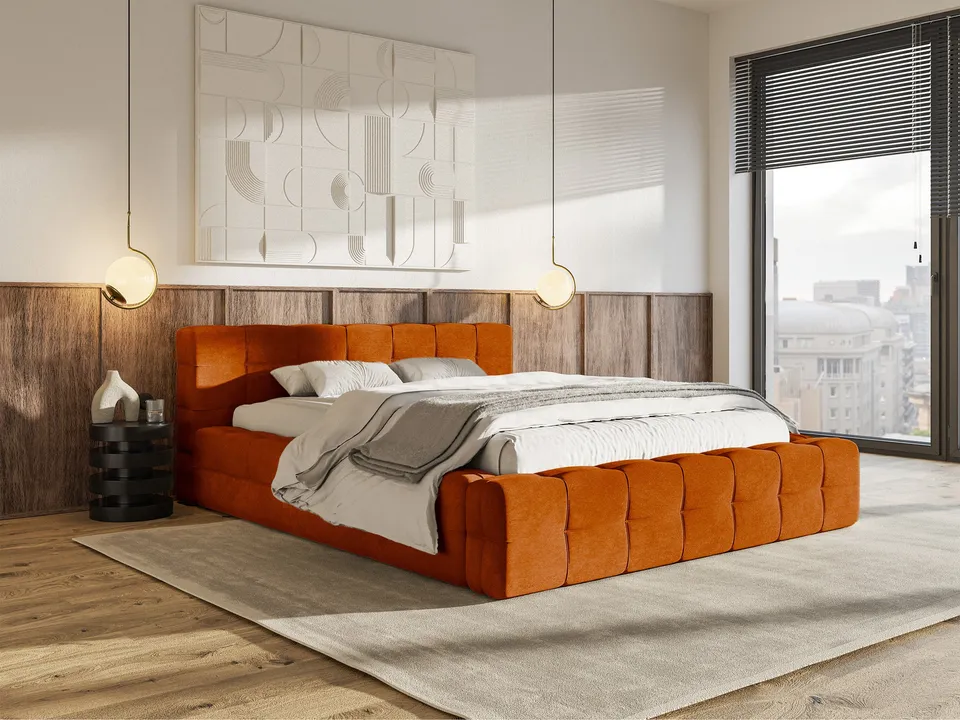 selsey-puffly-gepolstertes-bett-160x200-cm-mit-stauraum-kupfer-samt-metallrahmen image 1